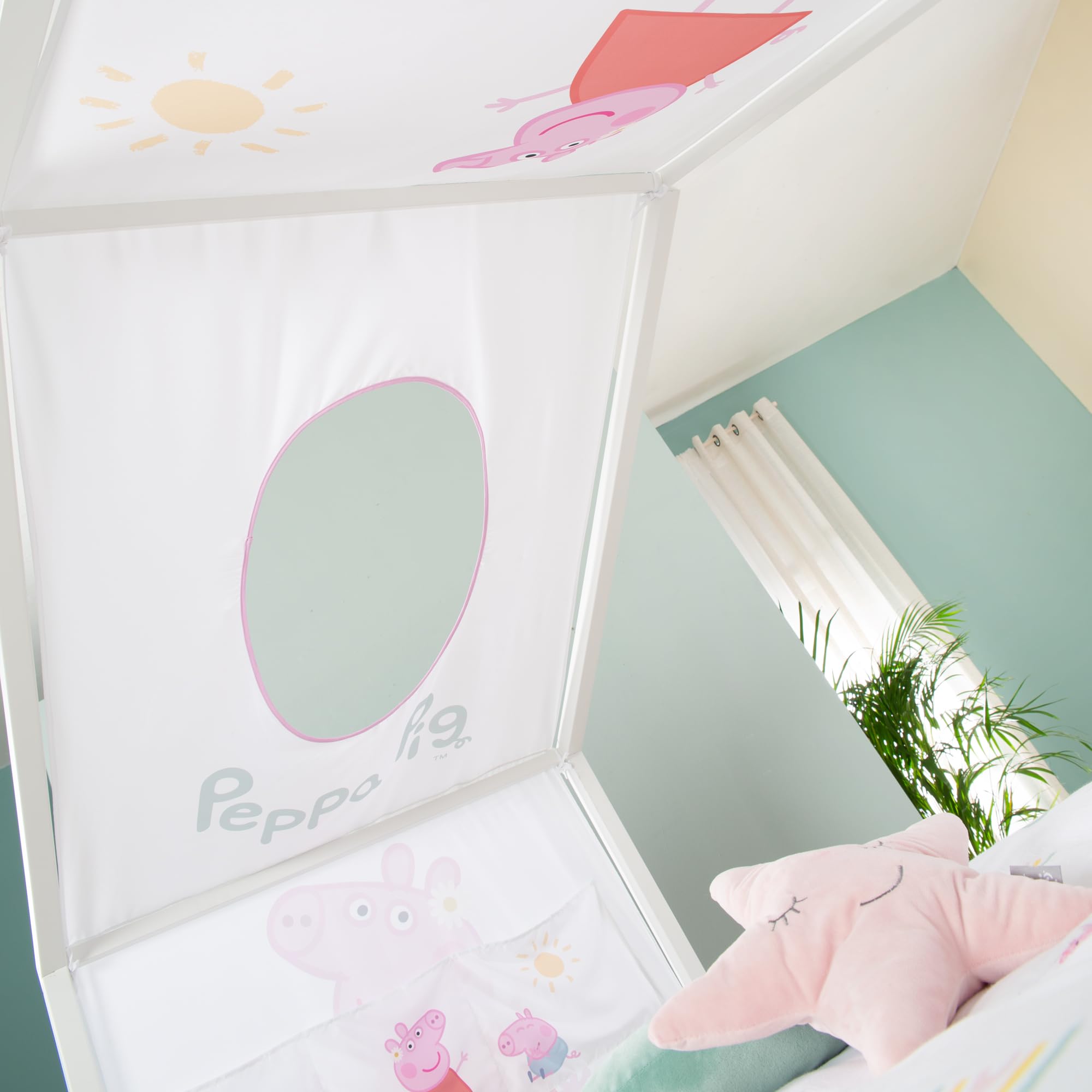 Funda roba para camas Montessori tipo casita 90 x 200 cm con diseño Peppa Pig - Accesorio para convertirla en cama con dosel - Incluye 3 bolsillos y ventana en el techo