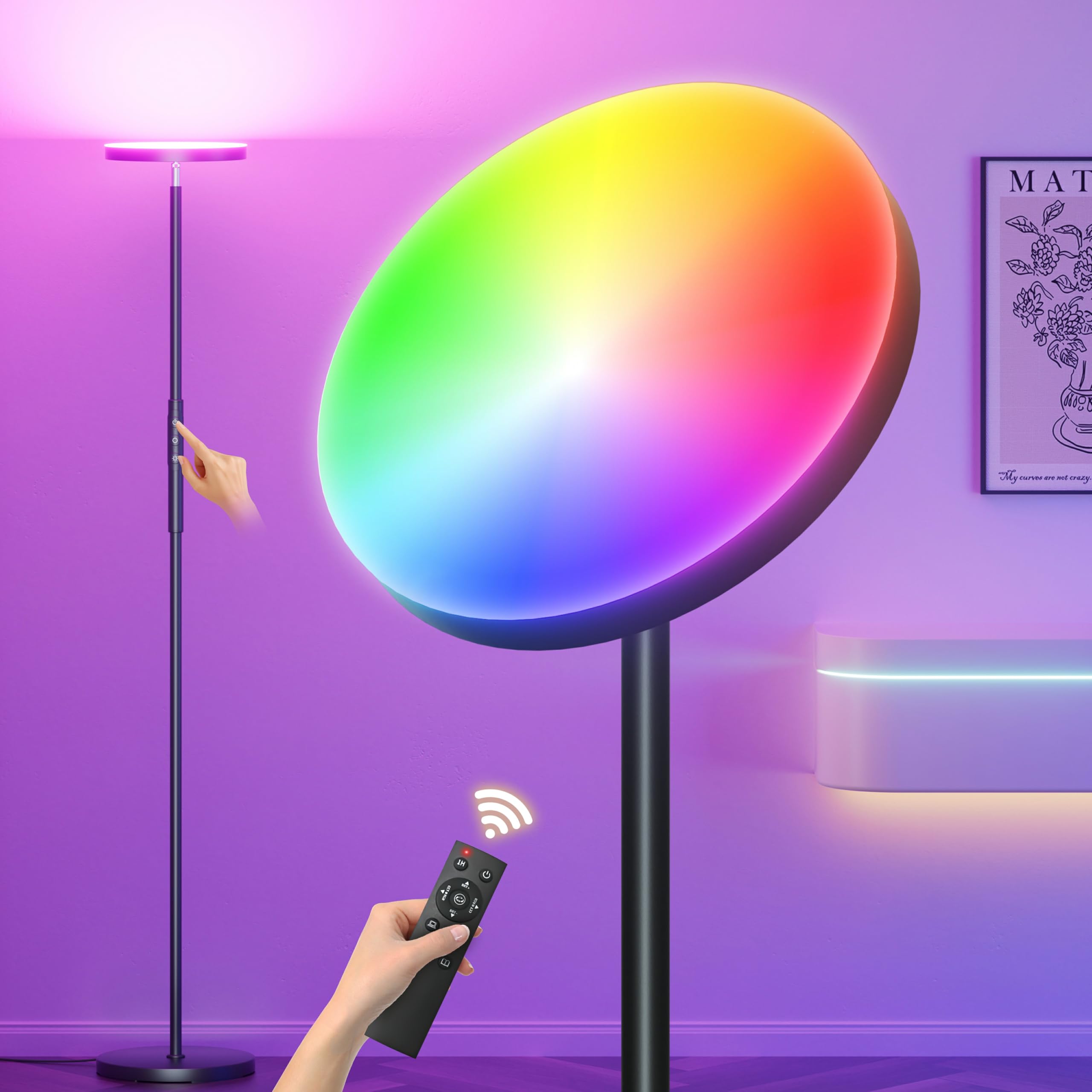 LED RGB Stehlampe, 3000LM 36W Helles Stehleuchte & RGB Farbwechsel Lampe, Moderne LED Deckenfluter mit Fernbedienung & Touch-Steuerung, Stufenlos Dimmbare Standleuchte für Wohnzimmer Schlafzimmer Büro