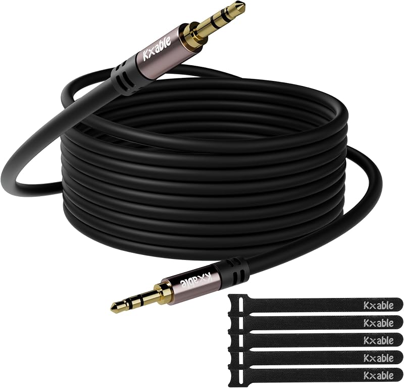 Kxable 3.5mm Aux Cable 15 Feet, Long Male to Male Auxiliary Audio Cord, Preminun Gold Plated Compatible with Headphones, iPods, iPads, iPhones, Home/Car Stereos with 5 Cable Ties