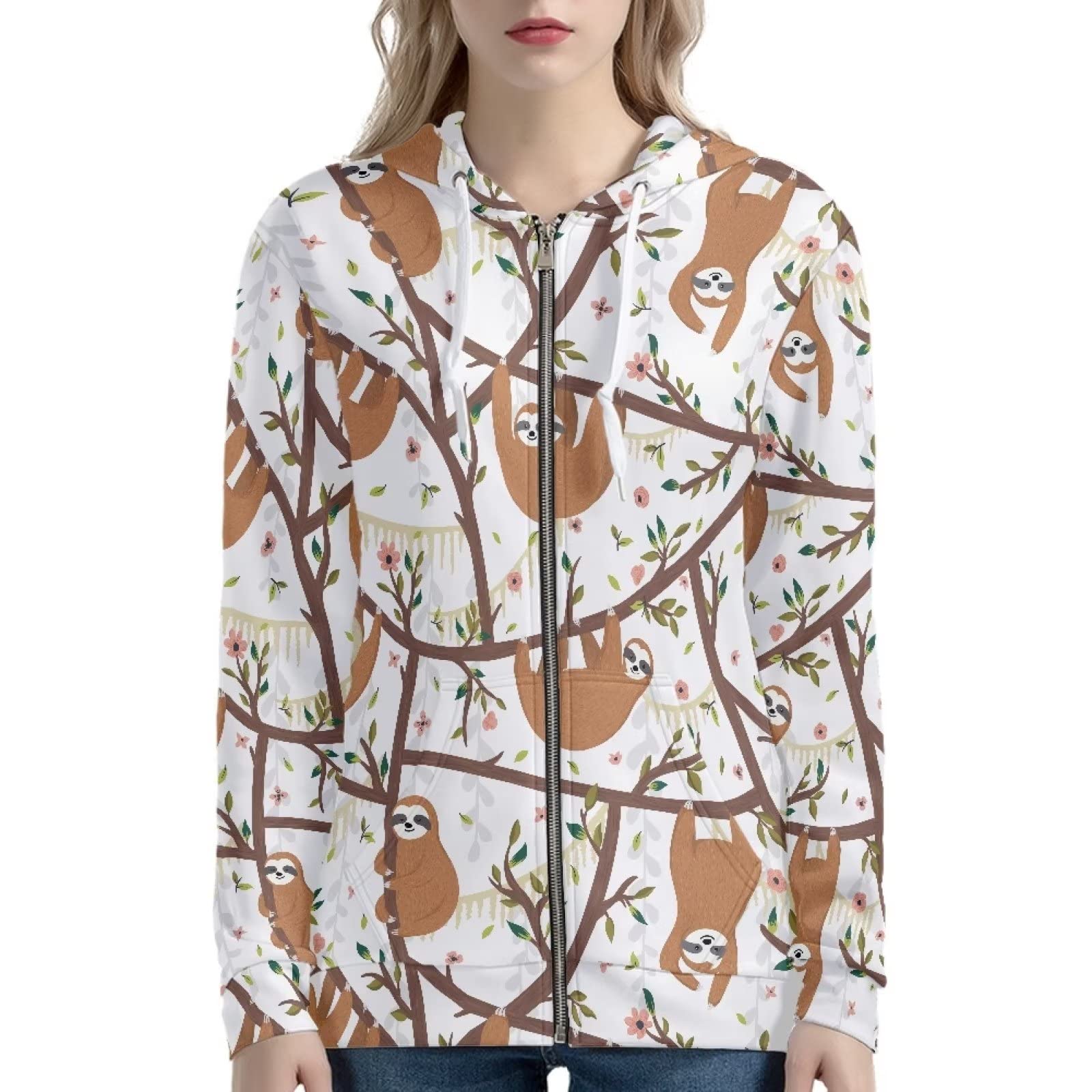 Xoenoiee Damskie bluzy z kapturem z kieszeniami, długi rękaw, kurtka z kapturem, zamek błyskawiczny, dziewczęca, oversize, odzież uliczna, leniwiec, M