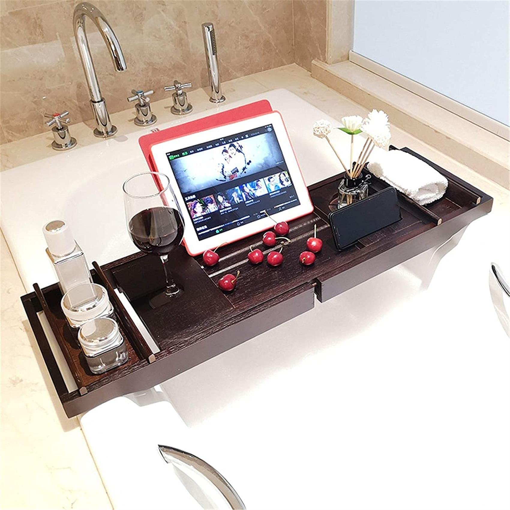 Bandeja para bañera Bandeja para bañera multifuncional antideslizante telescópica Bandeja para bañera de bambú Bañera ajustable antideslizante (Color : Picture color, Size : 75x23x4.5cm) (Pi
