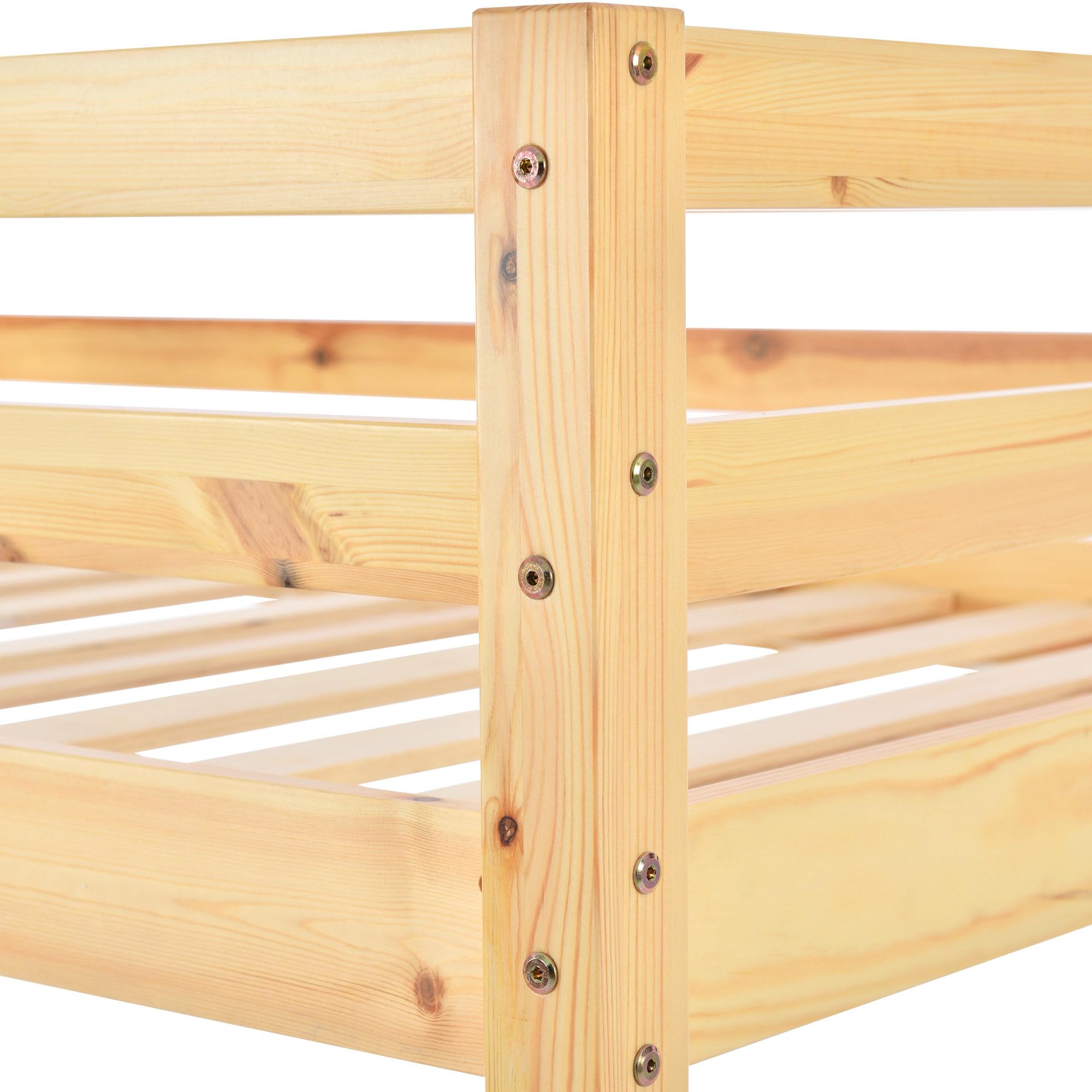 Łóżko domek 90 x 200 cm, łóżko piętrowe dla dzieci ze schodami pod kątem prostym, łóżko z płotami i drzwiami, łóżko dla dzieci z zabezpieczeniem przed upadkiem i kratką, lite drewno,Naturalcolor
