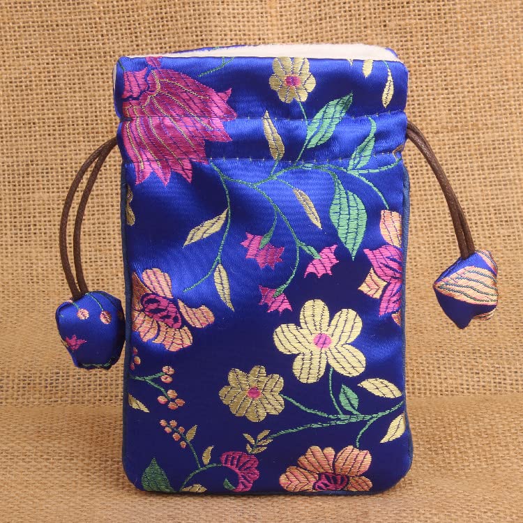 Only My Live Home Drawstring Large Jewelry Storage Bags with Velvet Lining, Chinese Silk Brocade Pouch, Long Necklace Sweater chain Packaging Pouches 5.7x 7.3 inch (5, blue)