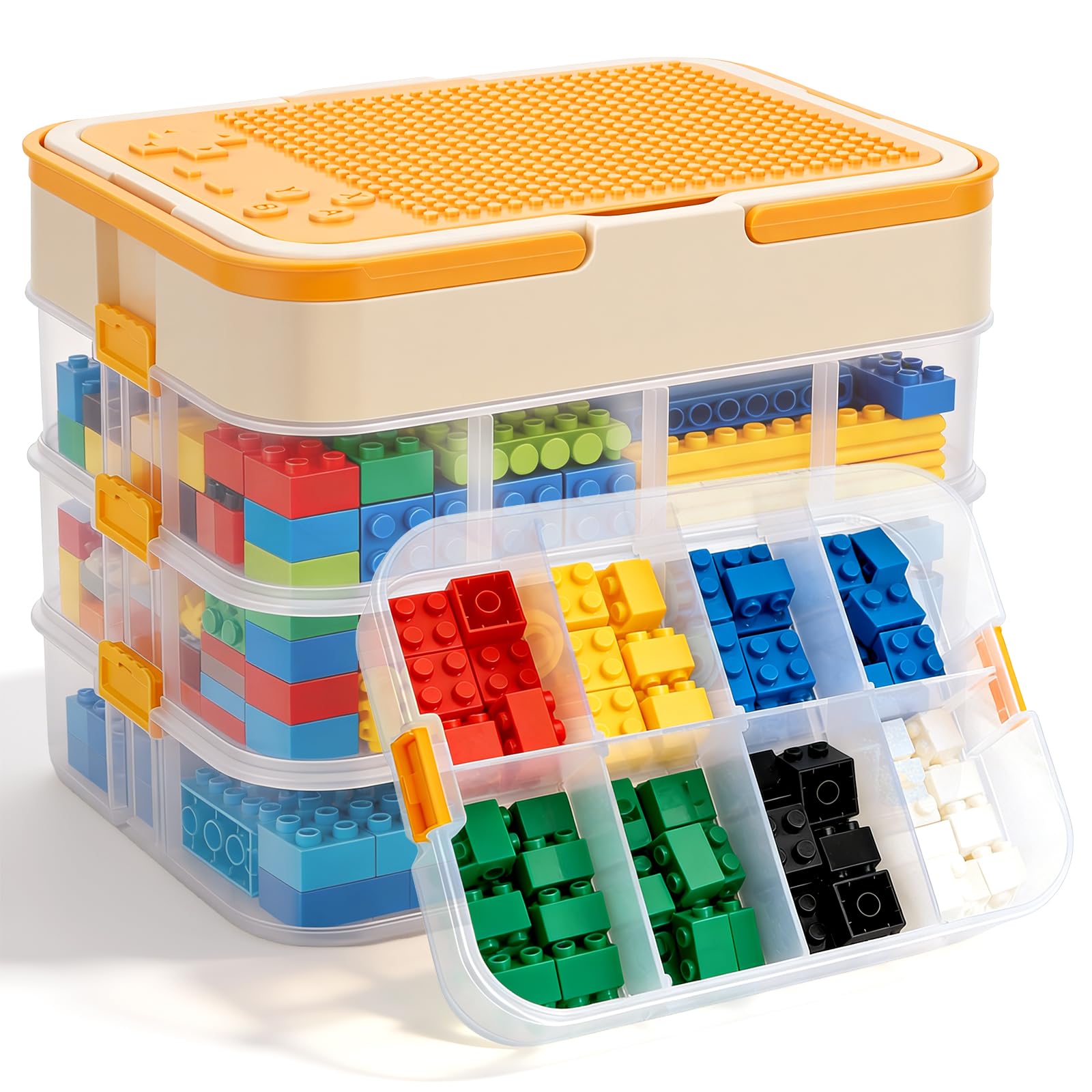 Scatola Portaoggetti 4 Strati per LEGO, Trasparente Impilabile con Manici e Scomparti, Contenitore per Mattoncini da Costruzione e Piccoli Giocattoli Organizer per Bambini
