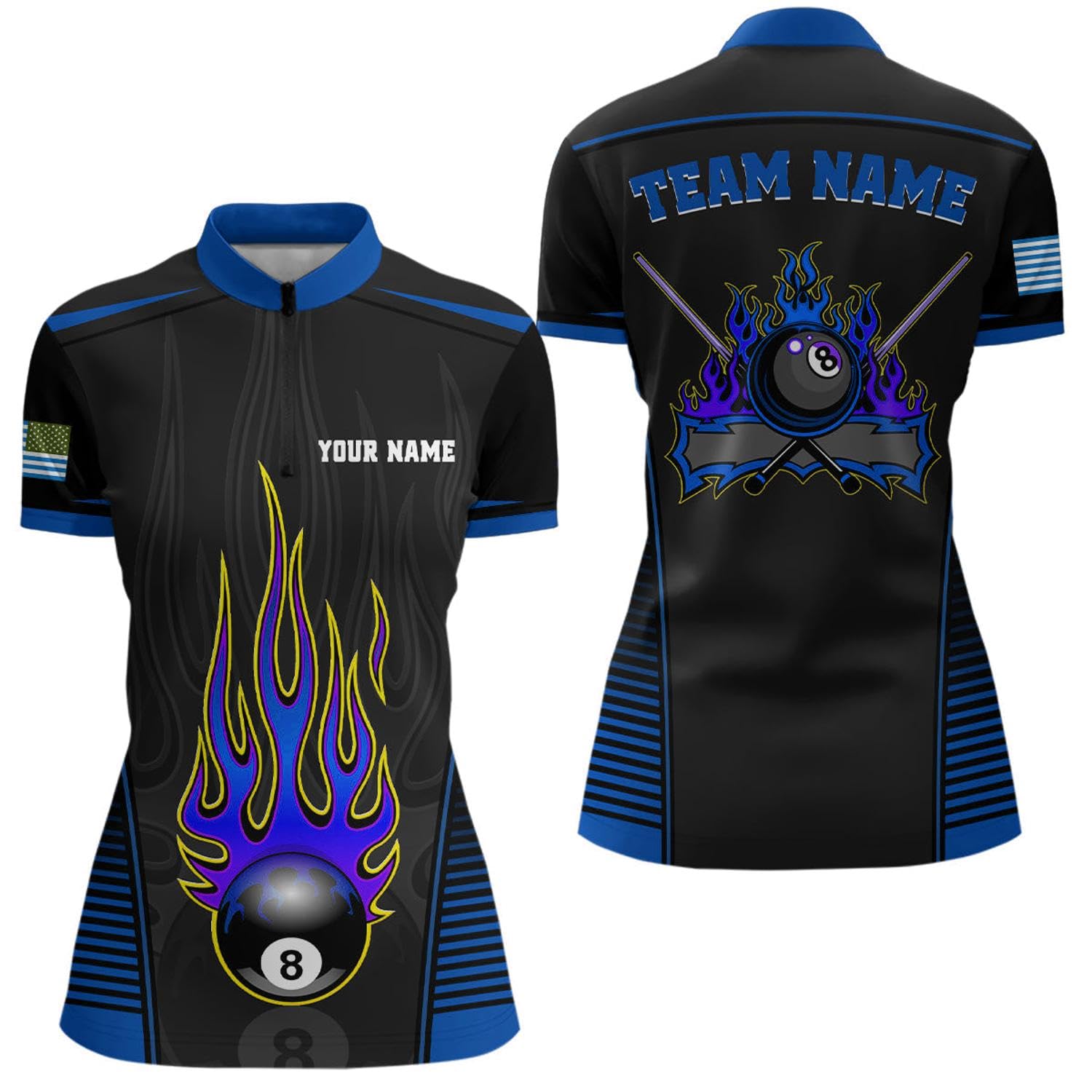 Personalized Red Black Fire 8 Ball Pool Quarter Zip Shirts for Women US Flag Billiard 8 Ball Shirts V0816