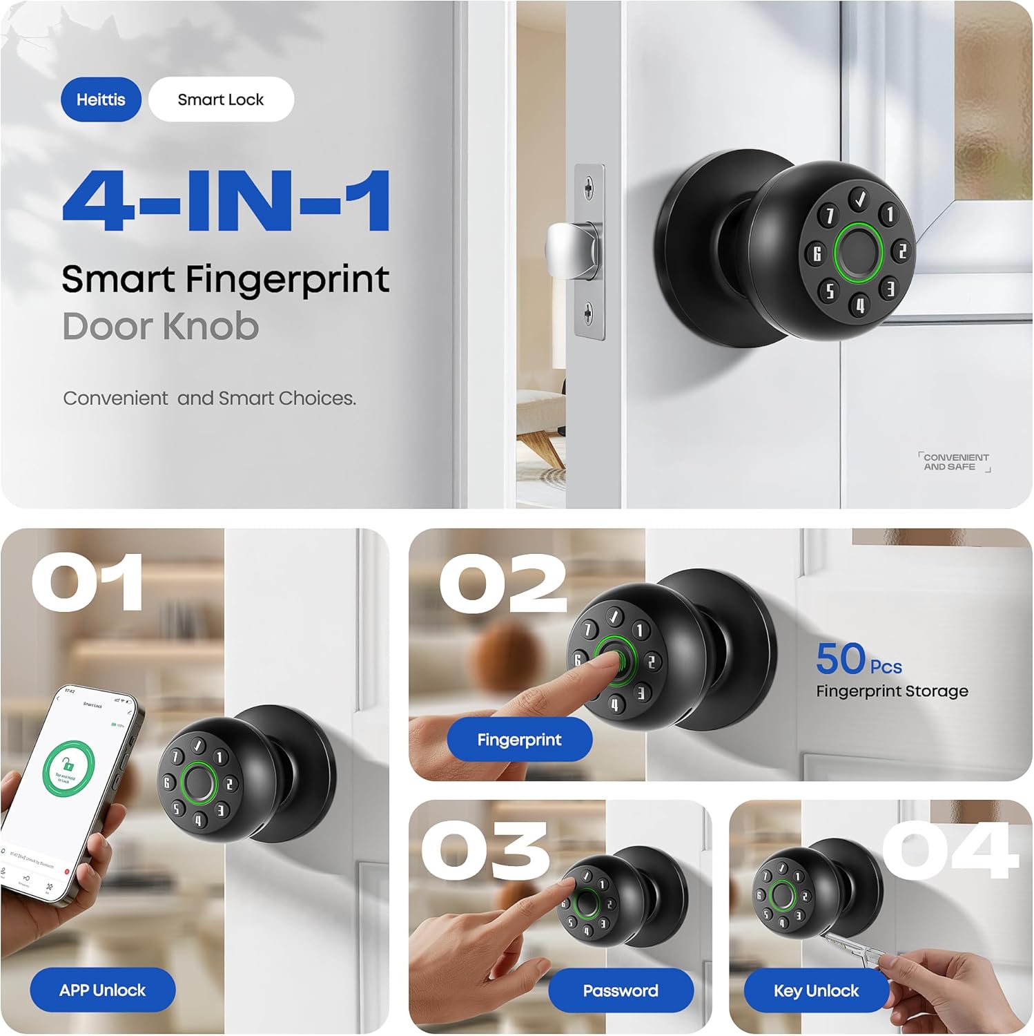 Smart Door Knob,4-in-1 Fingerprint Door Lock with Anti-Peeping Keypad,Thumbprint Entry Door Lock for Bedroom, Front Door, Apartment Office and Garages-Matte Black