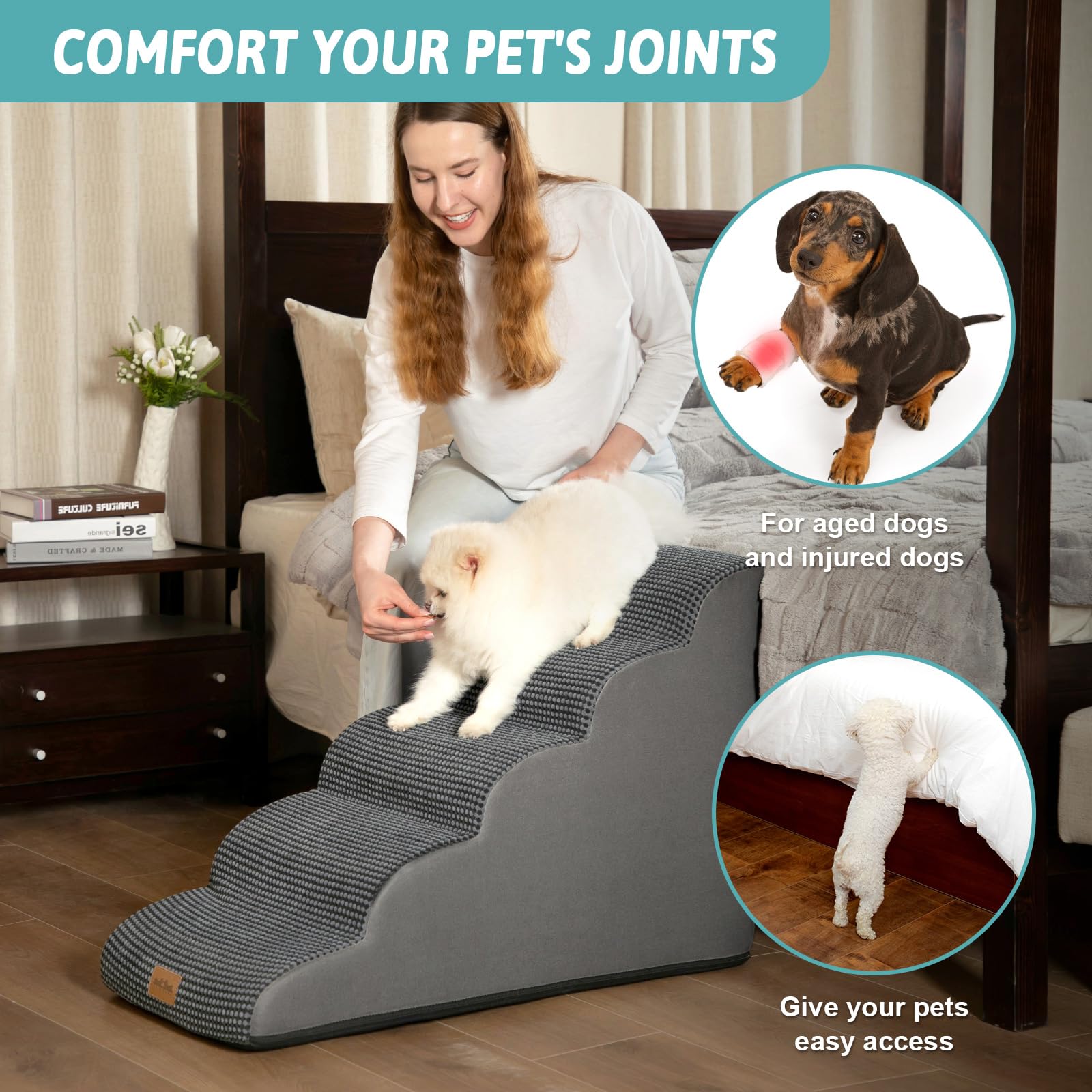 COZY KISS Scale per Cani di Piccola, Scale per Animali per Letto, Divano e Sedia, Rampa per Gatti con Rivestimento Lavabile e Fondo Antiscivolo, Leggera, 40x84x57cm, 5 Gradini, Grigio Scuro