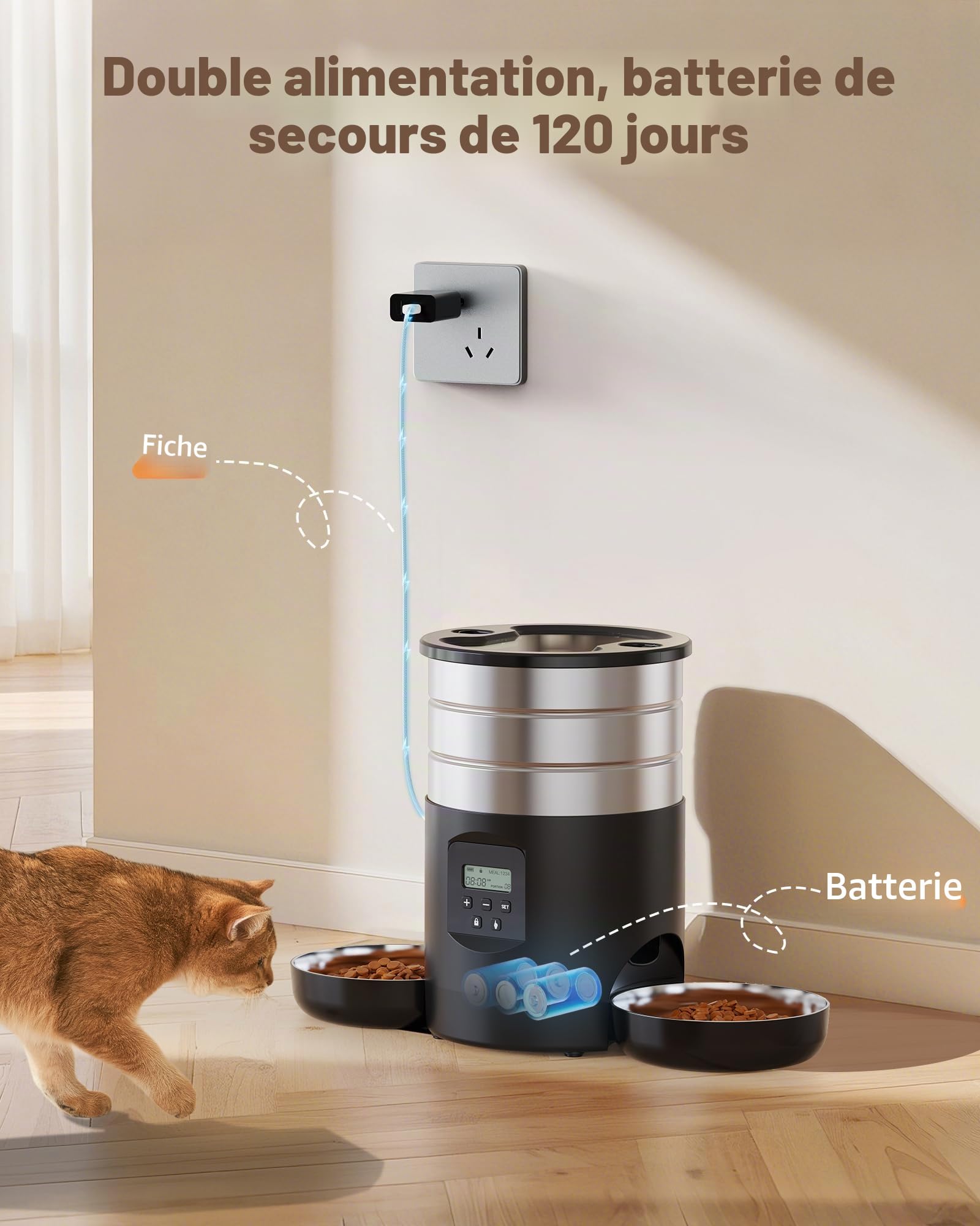 Distributeur Croquettes Chat Automatique Double: Inox Distributeur Croquettes Chien avec 2 Bols - Acier Inoxydable Gamelle Electronique pour Chat - 5L Mangeoire Programmable pour Petite/Moyenne Animau
