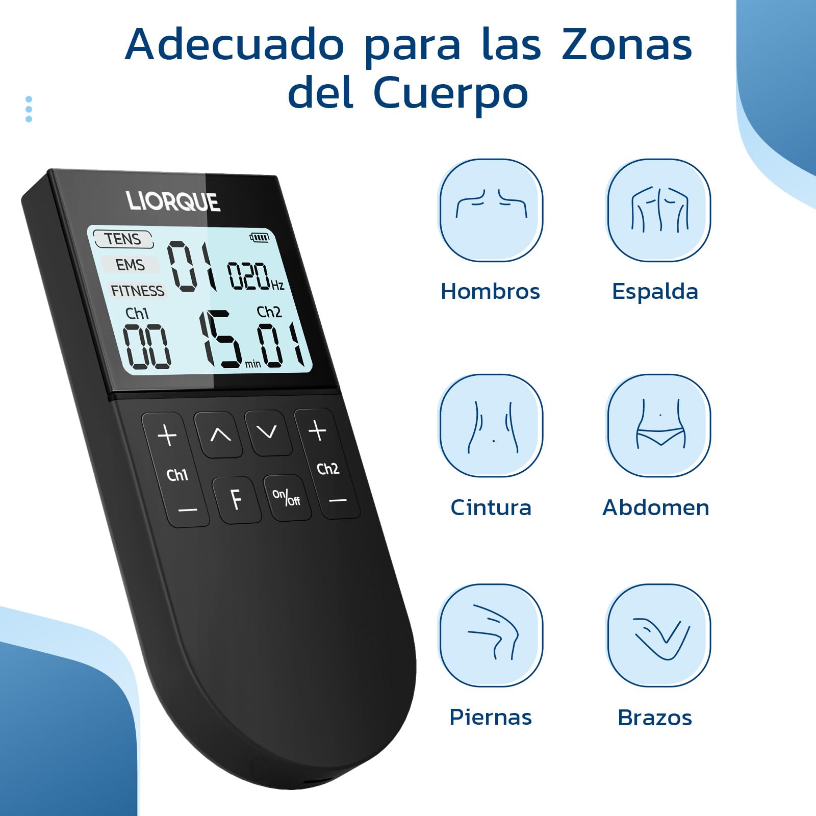 LIORQUE Electroestimulador Muscular, Electroestimulador TENS/EMS/FITNESS 3 en 1, 50 Modos, 10 Piezas de Electrodos TENS, 16 Niveles de Intensidad Para el Alivio del Dolor (Negro)