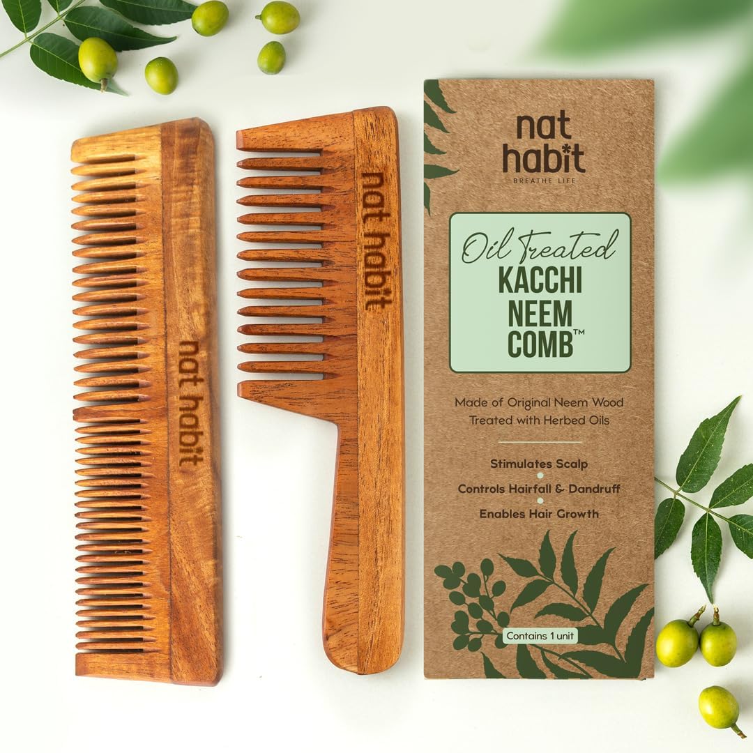 Nat Habit - Back To Natural Neem Comb, Wooden Comb for Men & Women, Hair Growth, Treated With Neem Oil, Wide & Dual Combo, 18-20Cm Length Brown