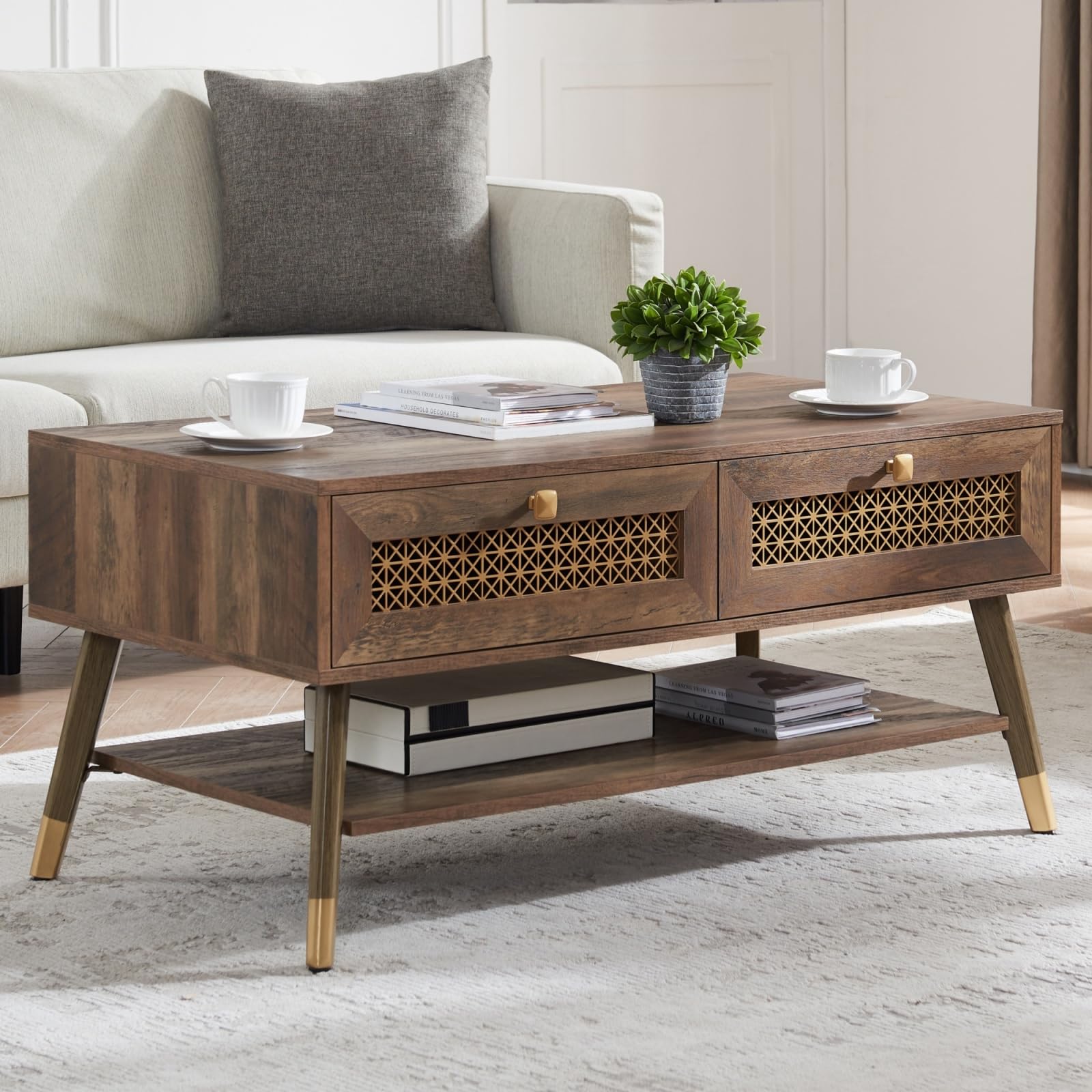 Mid Century Modern Coffee Table with Storage Drawers & Open Shelf, Solid Wooden Boho Rectangle Table with Metal Legs Designed for Living Room, Office,