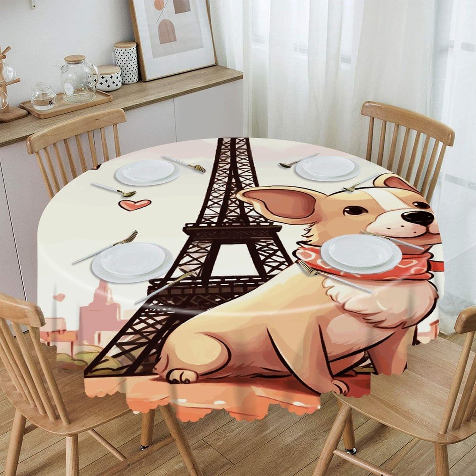 FekiLoot Dog and Eiffel Tower Round Tablecloth Waterproof Spill-Proof Wipeable Table Cloth Wrinkle Free Circle Dining Table Cover for Dining Kitchen Wedding Parties Machine Washable