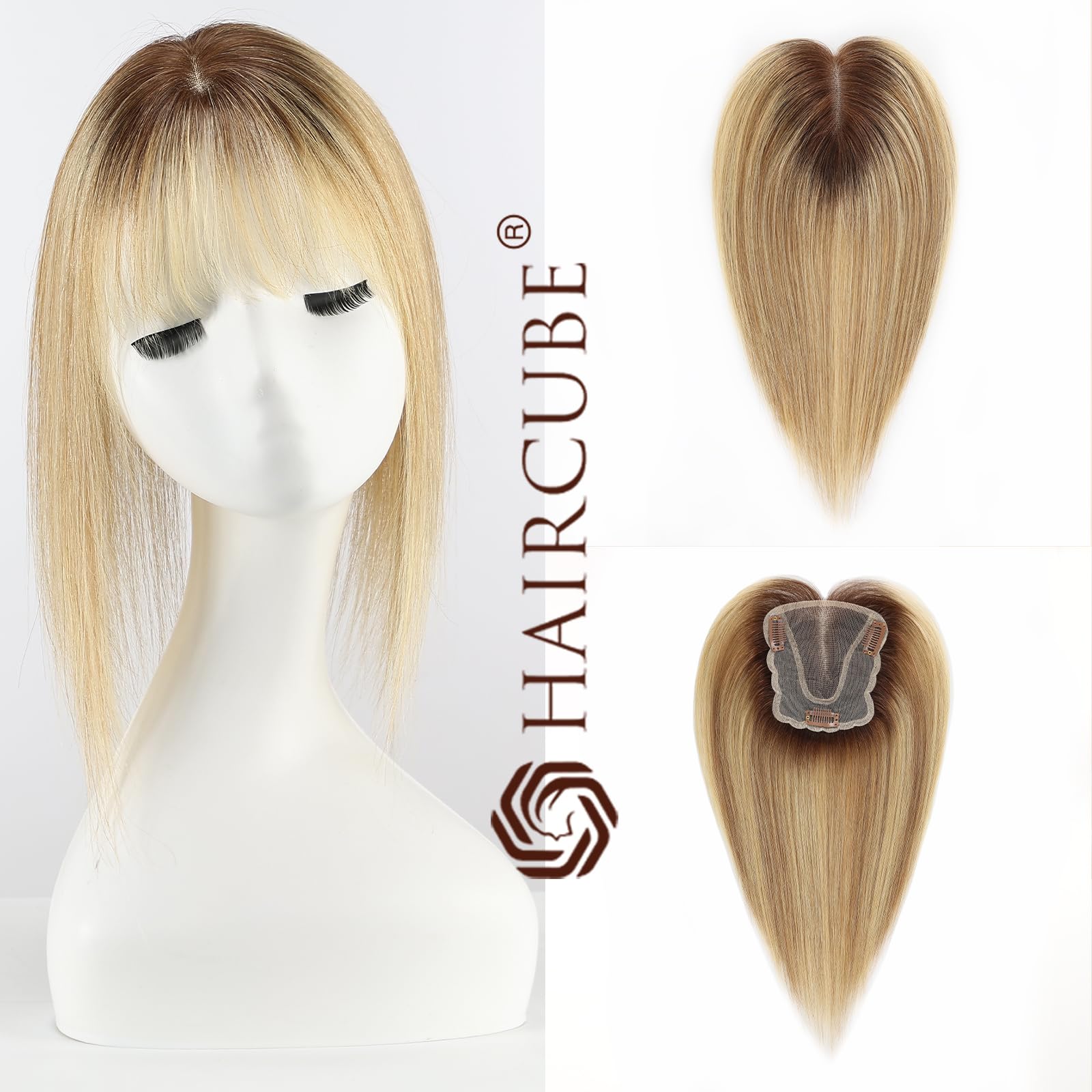 HAIRCUBE Haartopper für Frauen mit dünnem Haar ombre blond mit schwachem Licht 100% Echtes Menschenhaar topper für Frauen mit Pony Menschenhaar topper mit Schweizer Spitze Basis Hand gebunden 14 Zoll