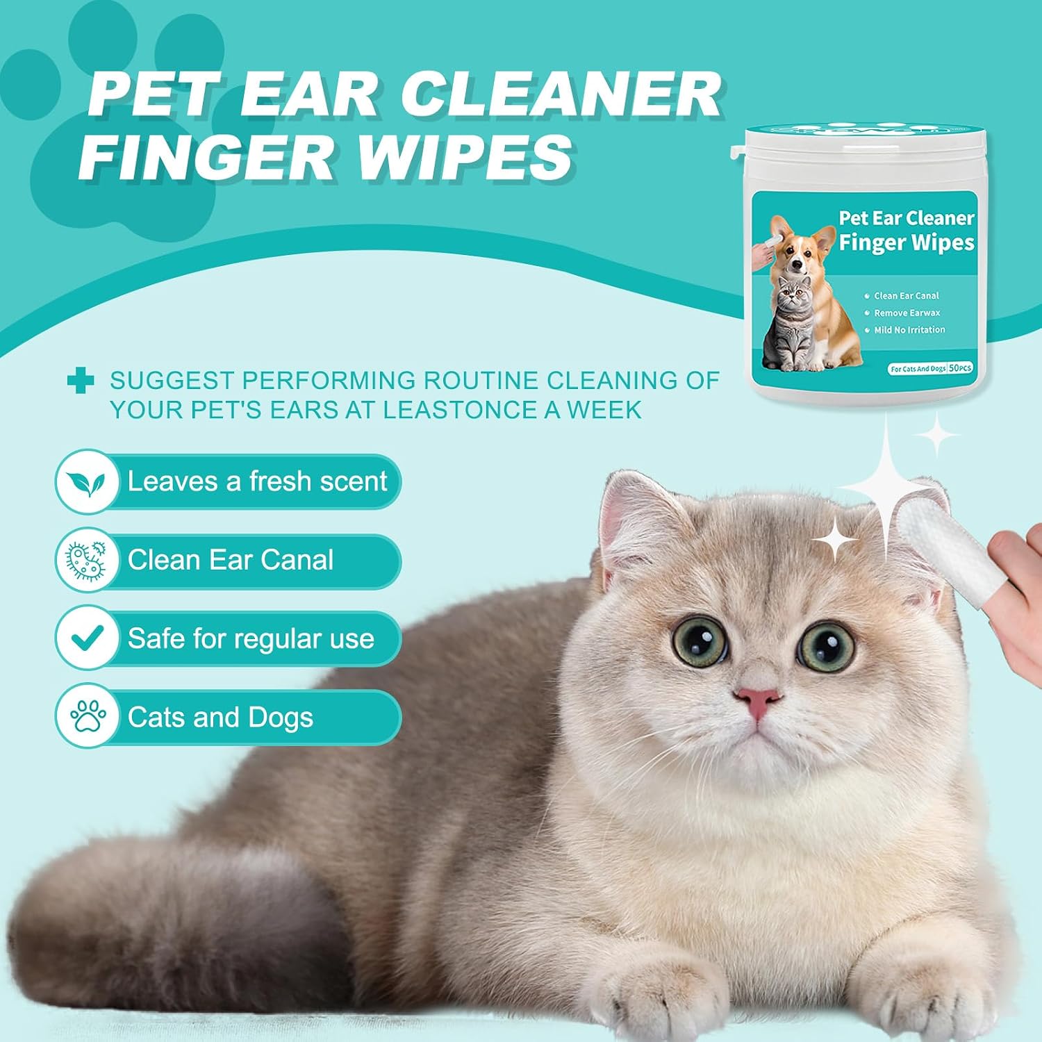 Dog & Cat Ear Wipes, Finger-Sleeve, 50 Count