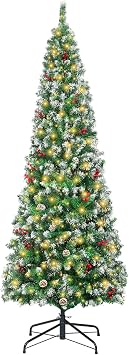 7 FT Christmas Tree, Snow Frosted Pencil Tree with 300 LED Lights, 824 Branch Tips, Pine Cones, Red Berries, Metal Stand, Holiday Party Office Decoration, Indoor Outdoor Home Decor