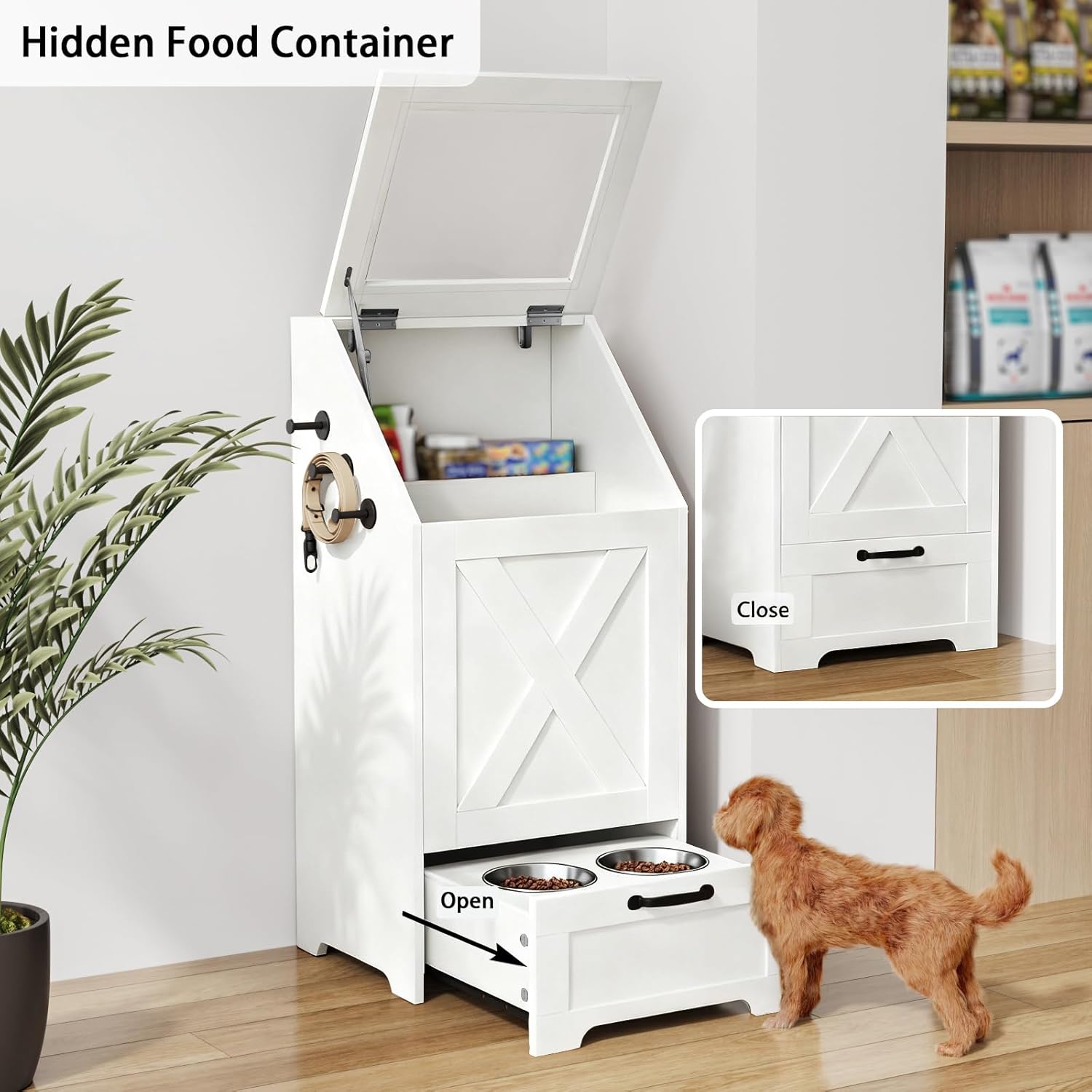 Dog Feeding Station with Storage Cabinet and 2 Elevated Dog Bowls, Hidden Pet Food Storage Organizer for Dog &Cat, Modern Dogs Furniture, White