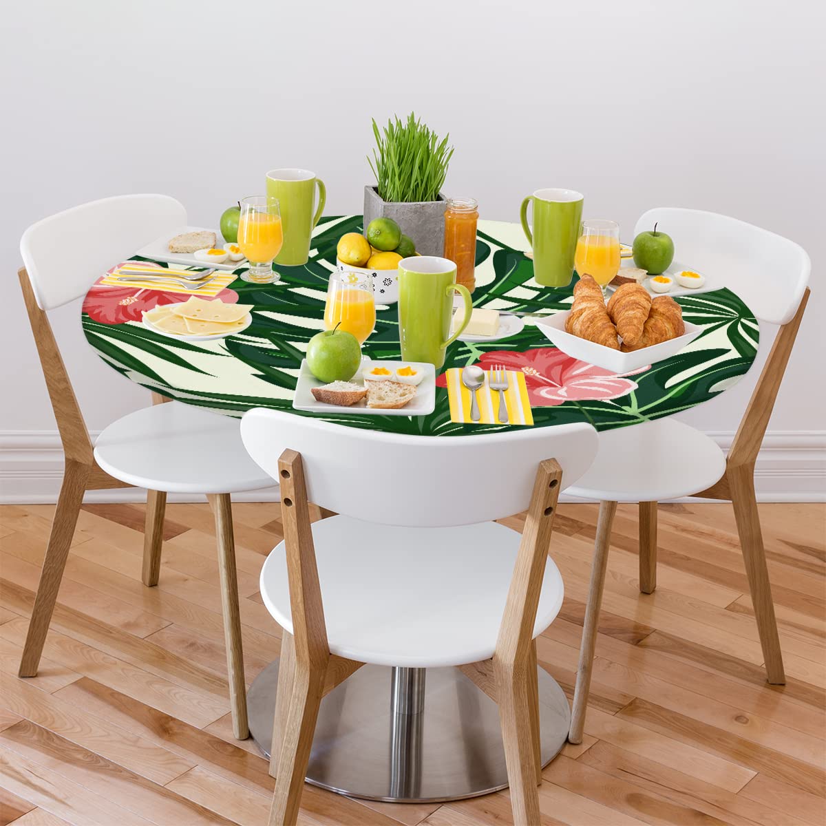 lakefvgk Elastic Edge Vinyl Fitted Tablecloth Design Heavy Duty Tropical Flower Leaves Pattern Table Cover Waterproof Oil-Proof PVC Cloth Stain-Resistant Wipeable for Round 36-42inch Diameter