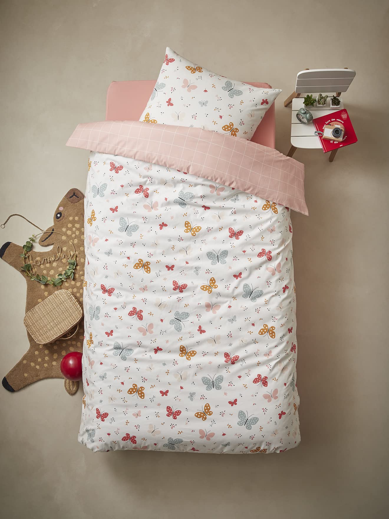 VERTBAUDET Parure Housse de Couette + taie d'oreiller Enfant Papillons Rose 140X200 50X75