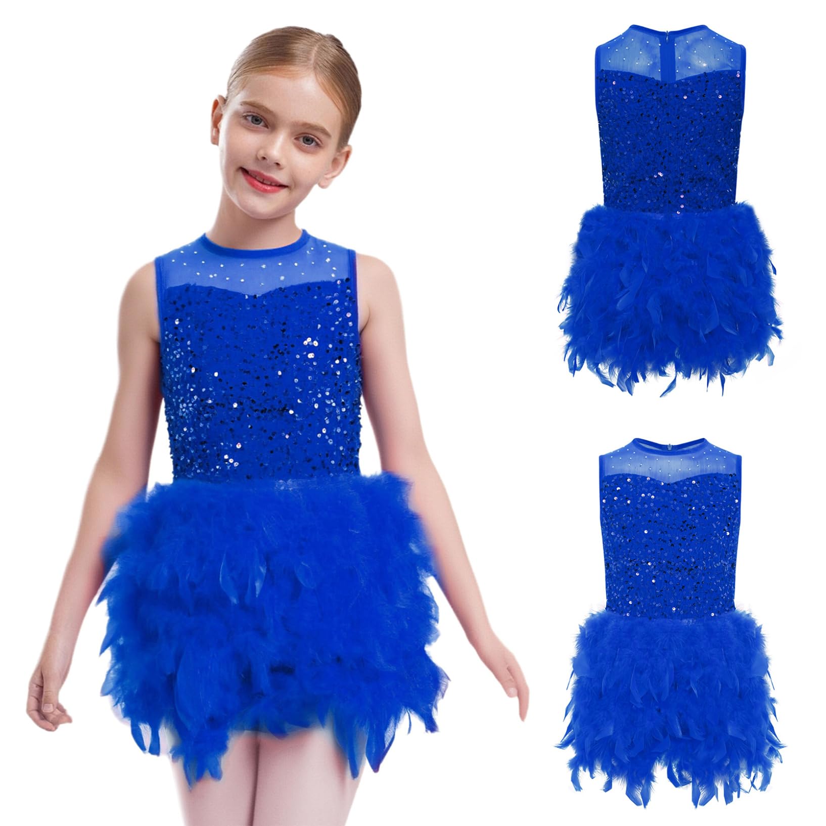 Oyolan Vestito Ballo Bambina Corpo Corpo Tutu in Piume E Strass Senza Maniche Costume Danza Latina Moderno E Jazz