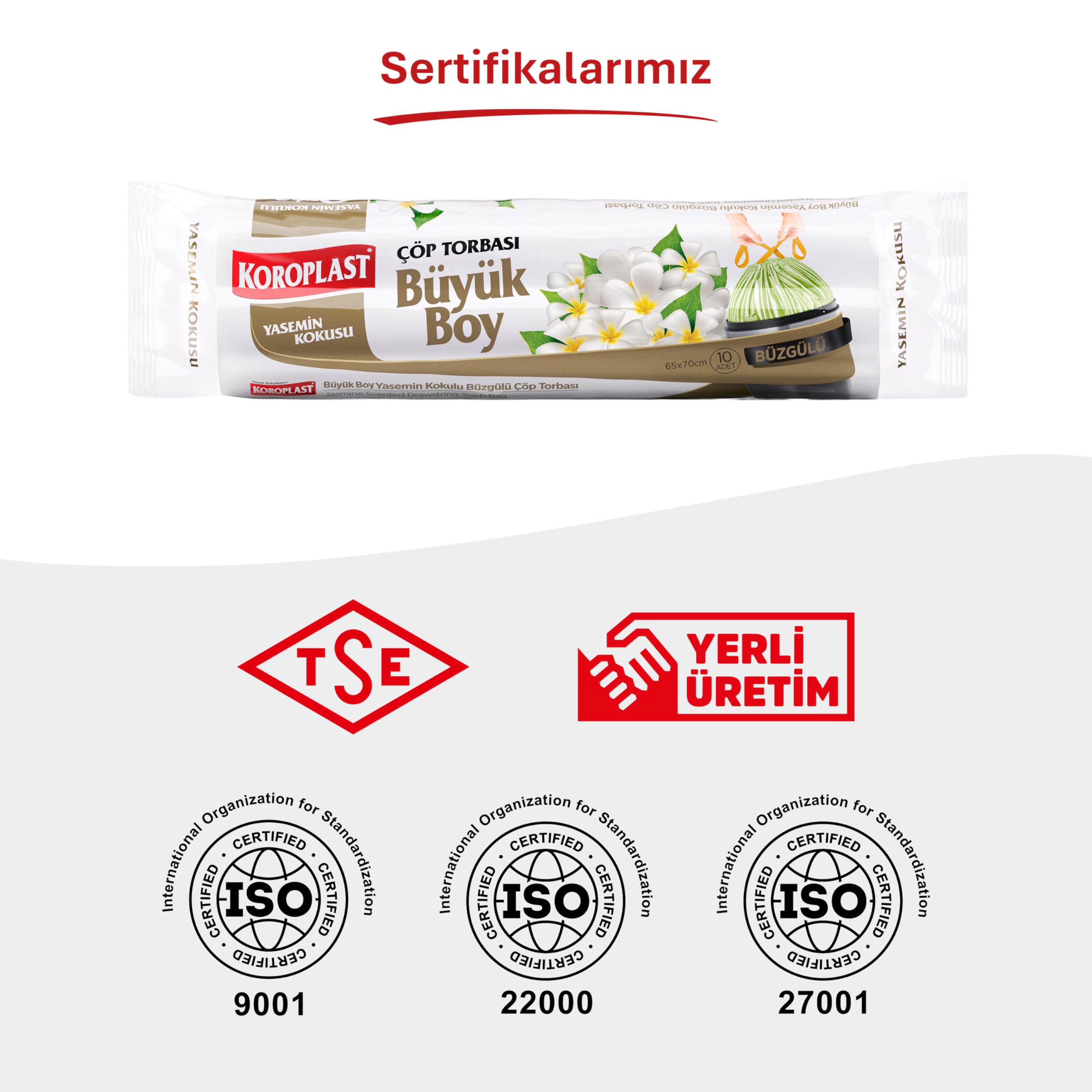 Koroplast Yasemin Kokulu Büyük Boy Büzgülü Çöp Poşeti 10'lu 65x67 cm, Kolay Bağlanır Kokulu Büzgülü Büyük Boy Çöp Torbası, Sızdırmaz, Yırtılmaz, Geri Dönüştürülebilir Atık Torbası, Güçlü Çöp Poşeti