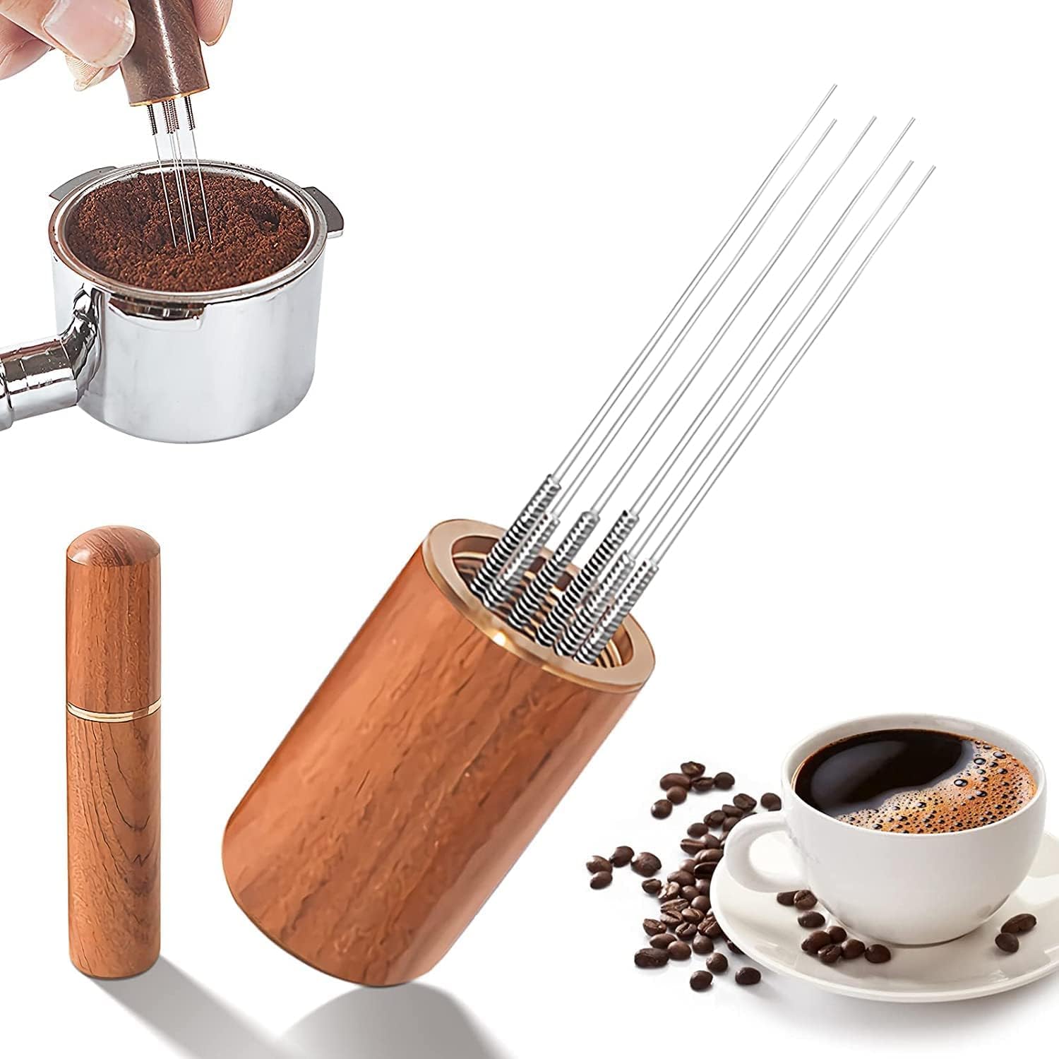Espresso Coffee Stirrer, 6 Needles Espresso distribution Tools with Natural Rosewood Handle, Stirring WDT Tool coffee kit for Coffee Shop, Office, Home (Rosewood)