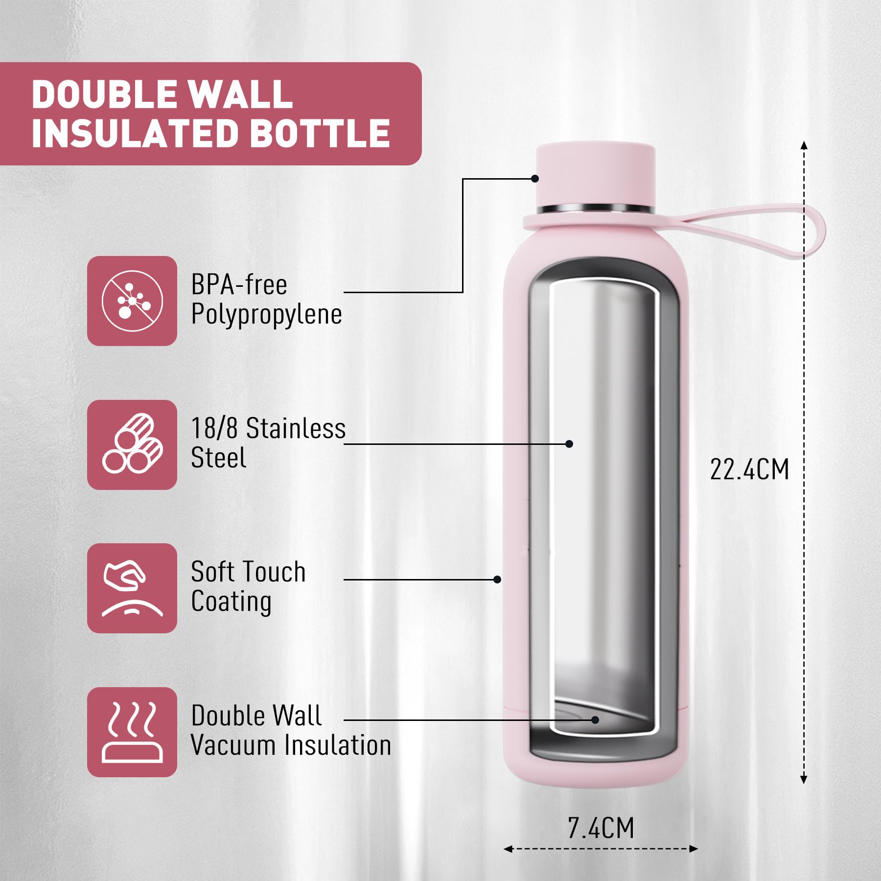 Exllena Borraccia Termica 500 ml - Bottiglia Termica Doppio Vuoto Mantenere Calore/Freddo - Senza BPA - 100% A Tenuta Stagna con Anello per Tote (Rosa)