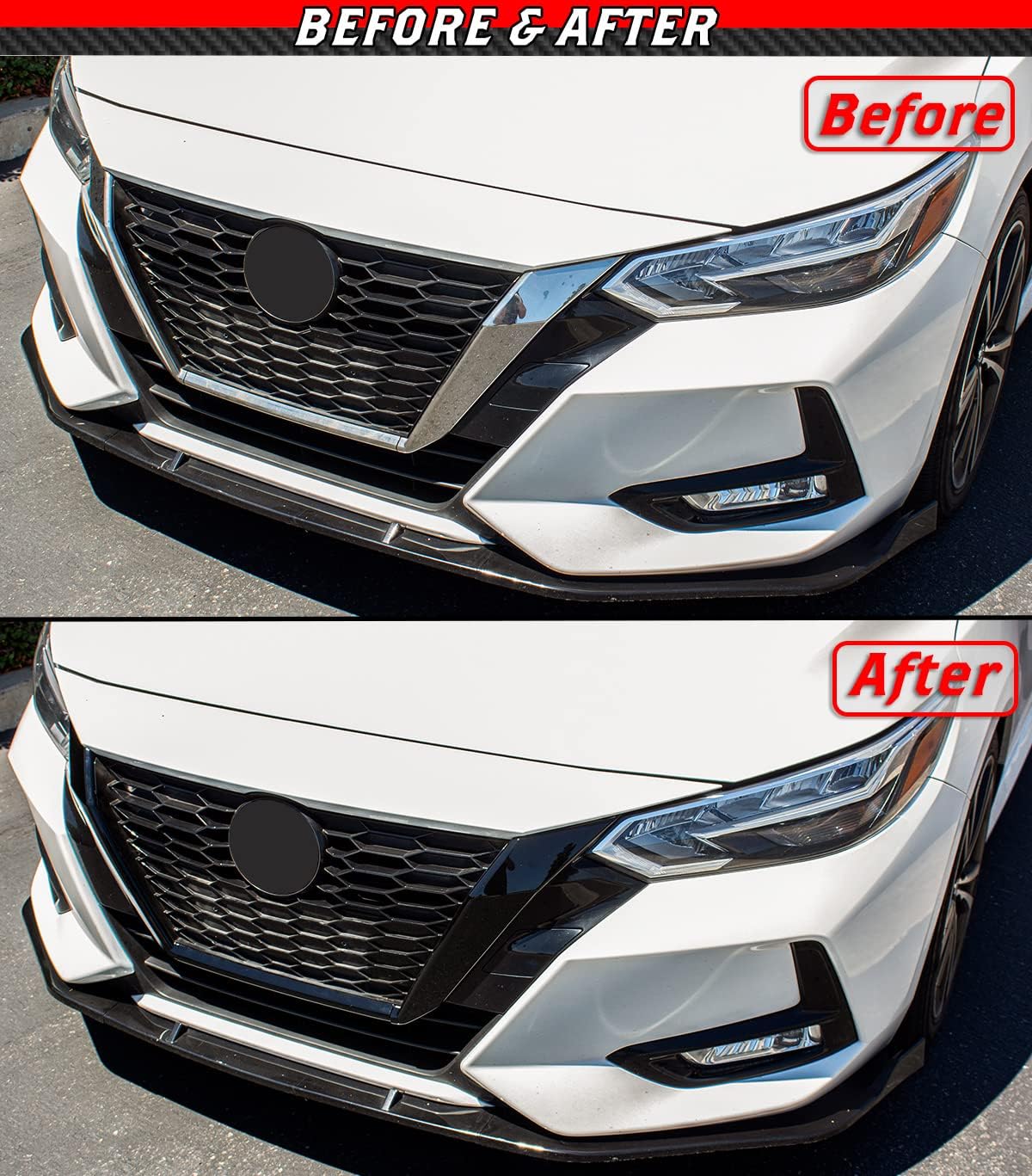 JDM 3PC Painted Gloss Black Front Bumper Grill Trim Cover Garnish Compatible with 2020-2022 Nissan Sentra