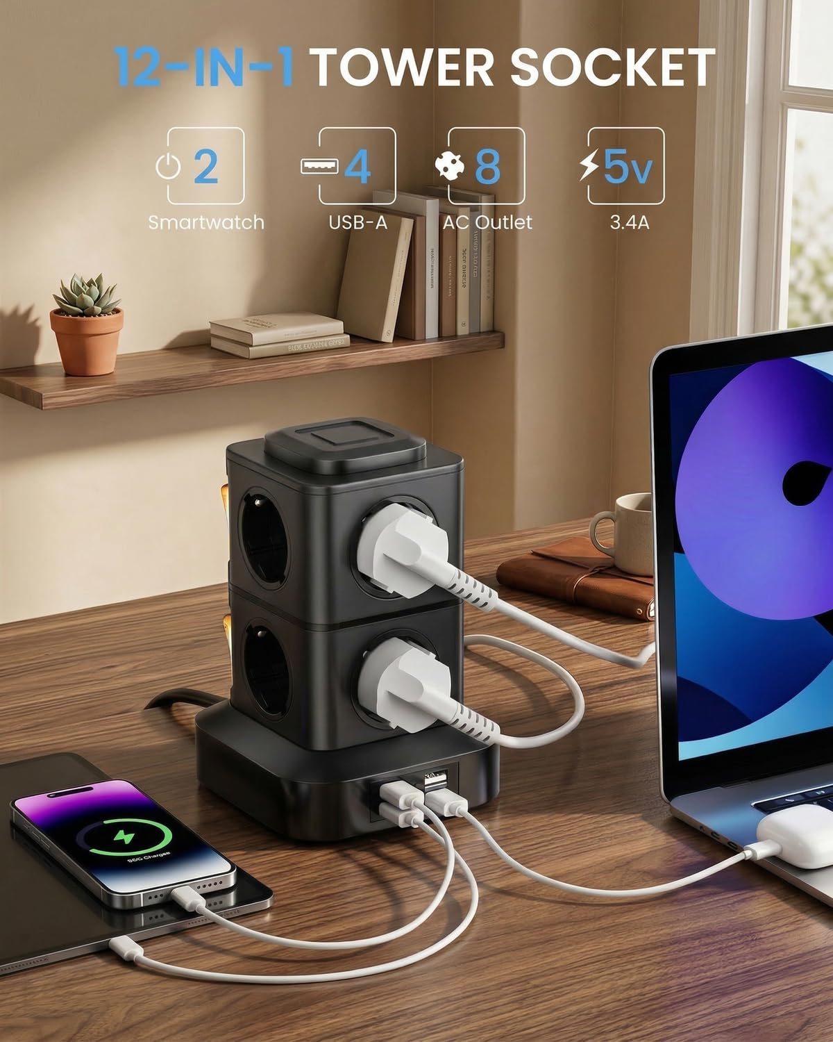AOKBON Torre Regletas Enchufes 8 Tomas de AC y 4 Regleta USB Enchufe Multiple 2500W/10A Regletas Vertical 3 Metro Regleta Enchufes Proteccion Sobretension con Interruptor para Casa,Mesa, Oficina — view 3