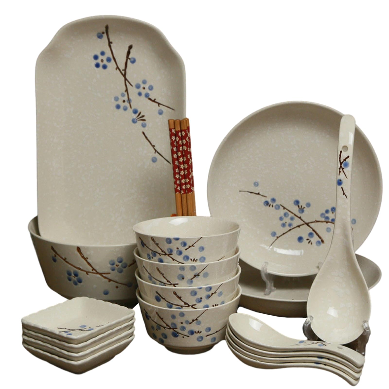 Kreatywna ręcznie malowana ceramiczna zastawa stołowa w stylu japońskim, miska domowa, talerz, zestaw pałeczek - 21 główek - niebieska śliwka