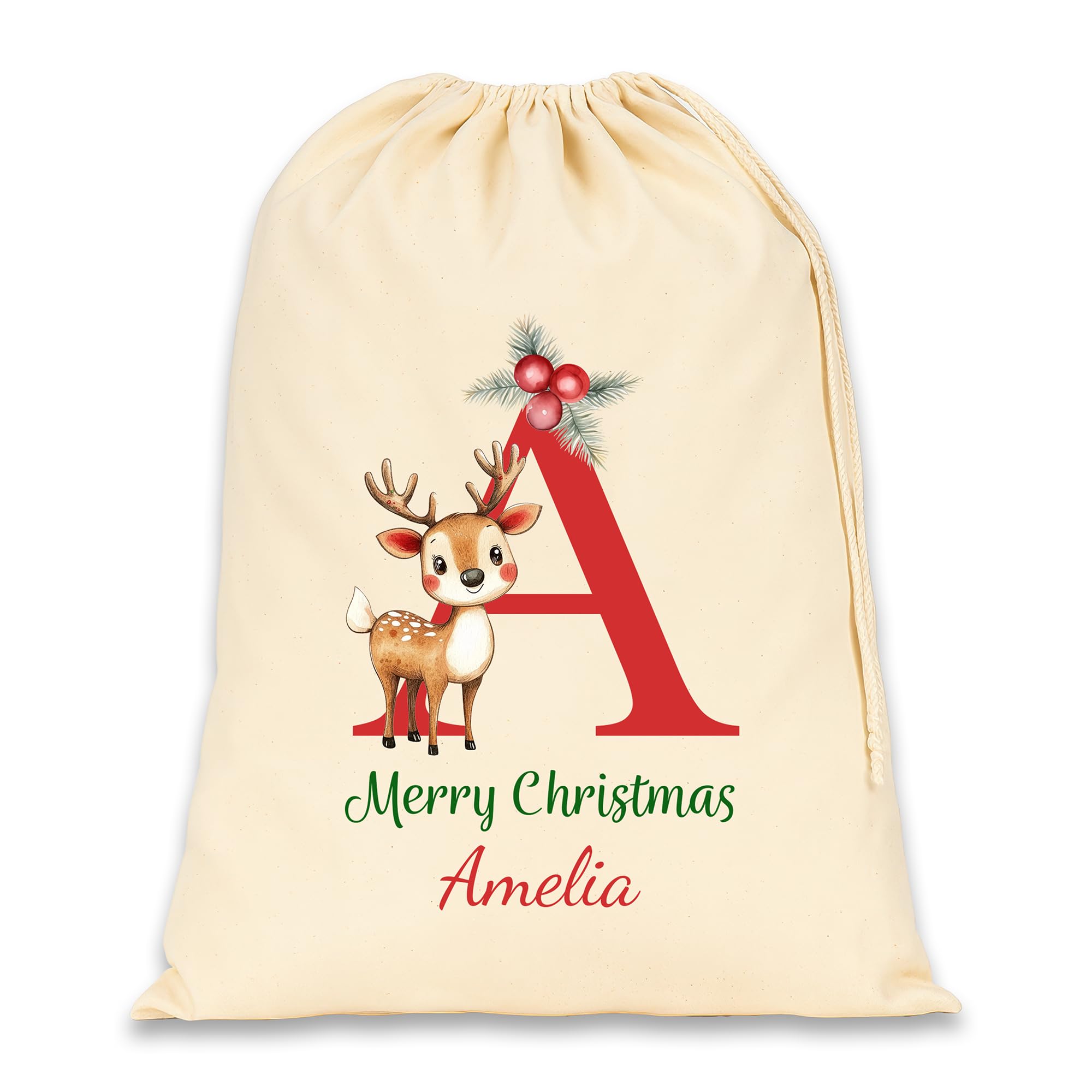 Personalised Santa Sack with Custom Name - Large Christmas Sack for Gifts - Xmas Gift Bag for Under Tree - Christmas Eve Bag - Christmas Stocking Alternative - Red Initial Reindeer (Cotton)
