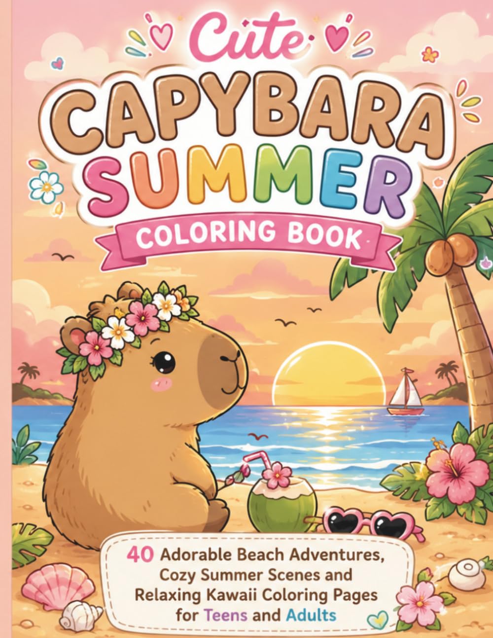 Cute Capybara Summer Coloring Book: 40 Adorable Beach Adventures, Cozy Summer Scenes and Relaxing Kawaii Coloring Pages for Teens and Adults