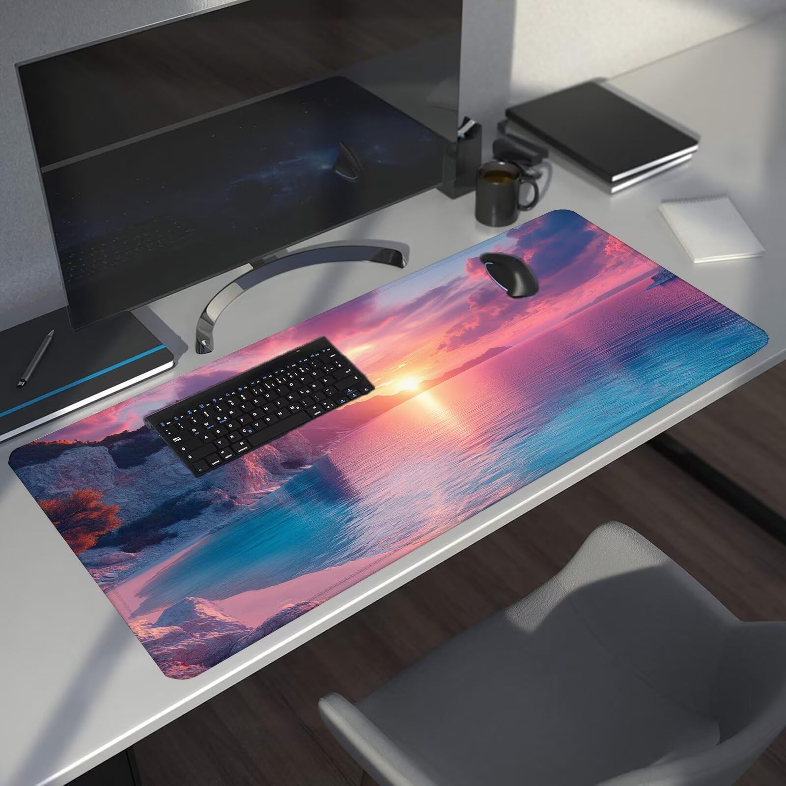 Podkładka pod mysz z zachodem słońca XXL plaża 1600 x 800 x 4 mm podkładka pod mysz do gier, duża wodoodporna antypoślizgowa podkładka na biurko, podkładka pod mysz szyte krawędzie dla graczy,