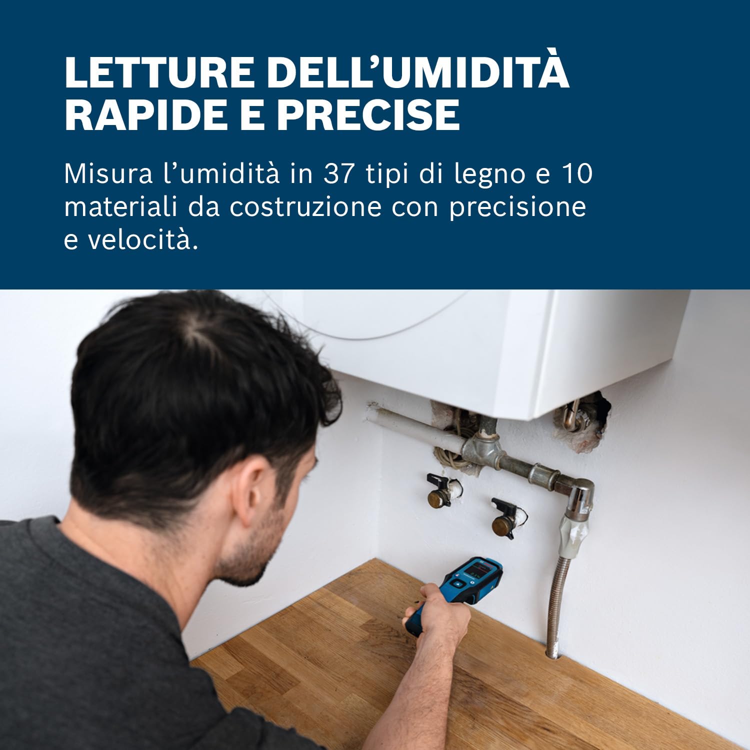 Bosch Professional Igrometro GMP 1-13 (con pin di misurazione, misura 37 tipi di legno e 10 materiali da costruzione, protezione IP65, LCD ad alto contrasto, 2 batterie AA, custodia)