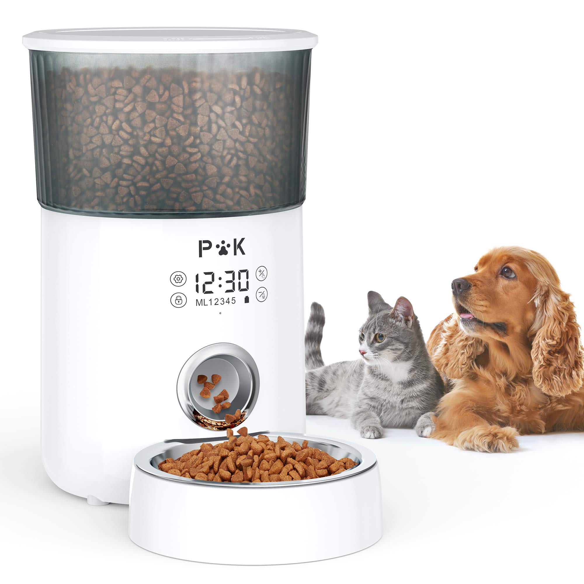 PUPPY KITTY Comedero Gato Automático, M-80 Dispensador de Comida para Perros, con Grabación de Voz 10S, Pantalla Táctil Programable de 1 a 5 Comidas, Cuenco de Acero Inoxidable, 4L, Blanco.