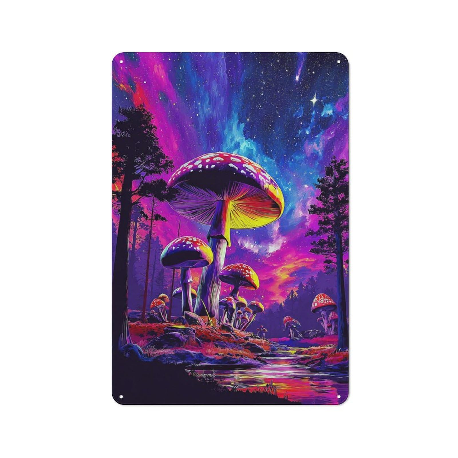 Junmoney Fantasy Mushroom Forest -1 Metal Wall Plaque With Design 30X20cm, Old Fashioned Vintage Wall Decor For Living Room, Hallway, Kitchen Or Cafe