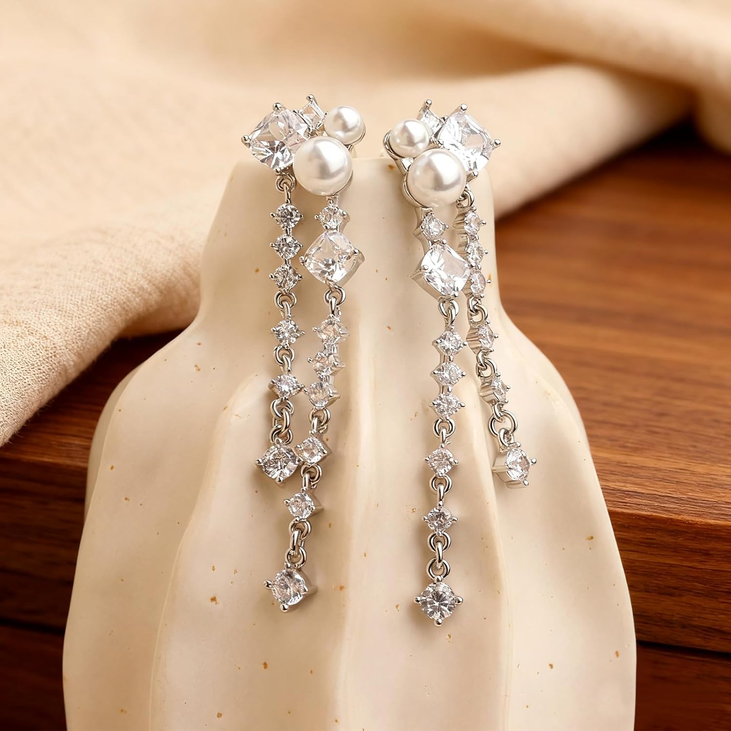 Sonateomber Long Pearl Dangle Drop Earrings for Women, Sparkly CZ Rhinestone Tassels Dangling Earings Prom Wedding Accessories Fashion Jewelry Gift - Image 5