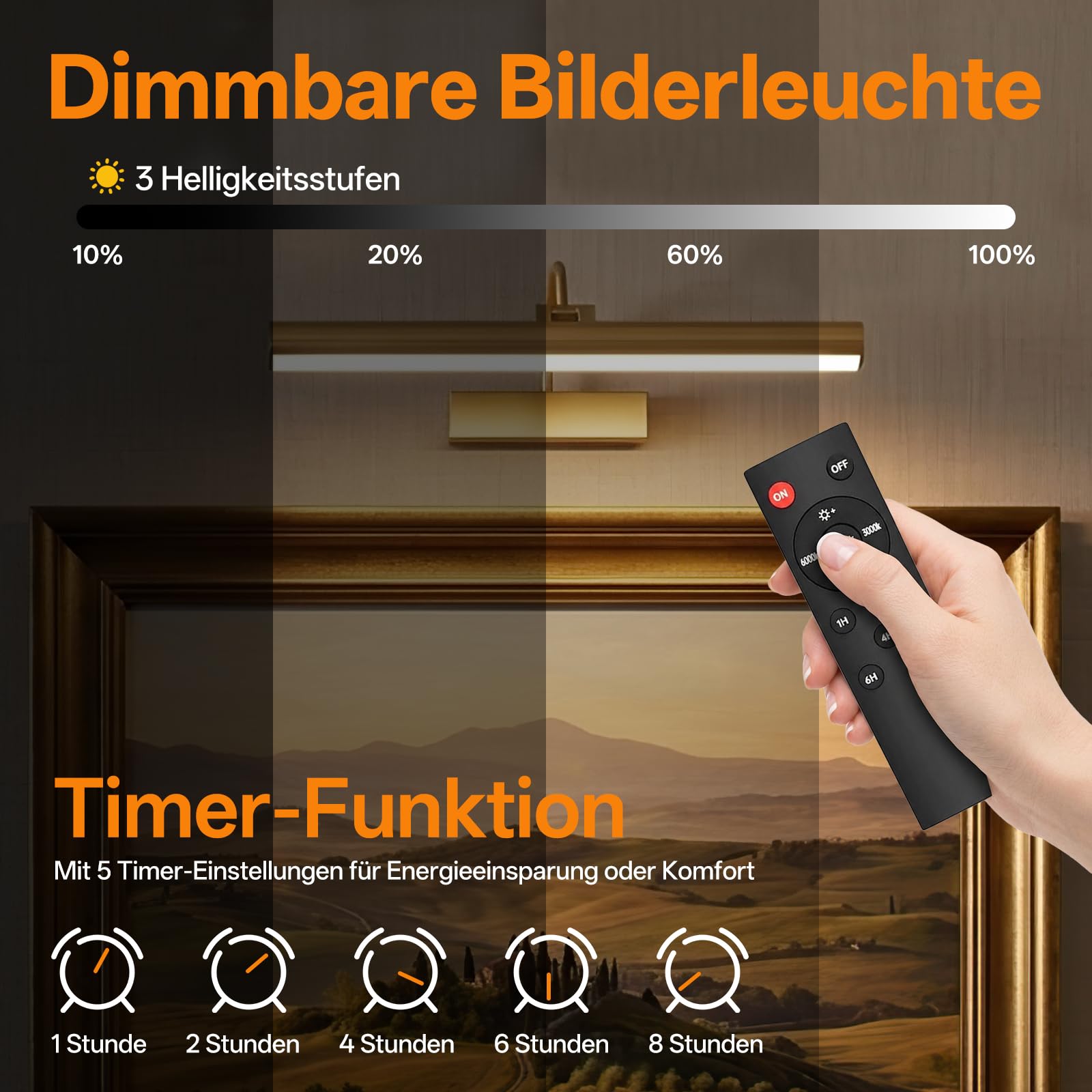 Gresonic 2pc Bilderleuchte Kabellos Akku, 42cm Wiederaufladbar LED Bildlampe mit Fernbedienung Timer, 3 Farbtemperaturen Dimmbar, 210° Drehbar Bildbeleuchtung aus Acryl für Spiegel, 5200mAh Gold