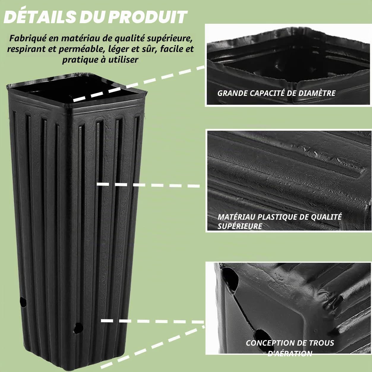 Lot de 50 grands pots d'arbre profonds en plastique avec trous de drainage pour intérieur et extérieur - 24,9 x 12 cm (H x l)