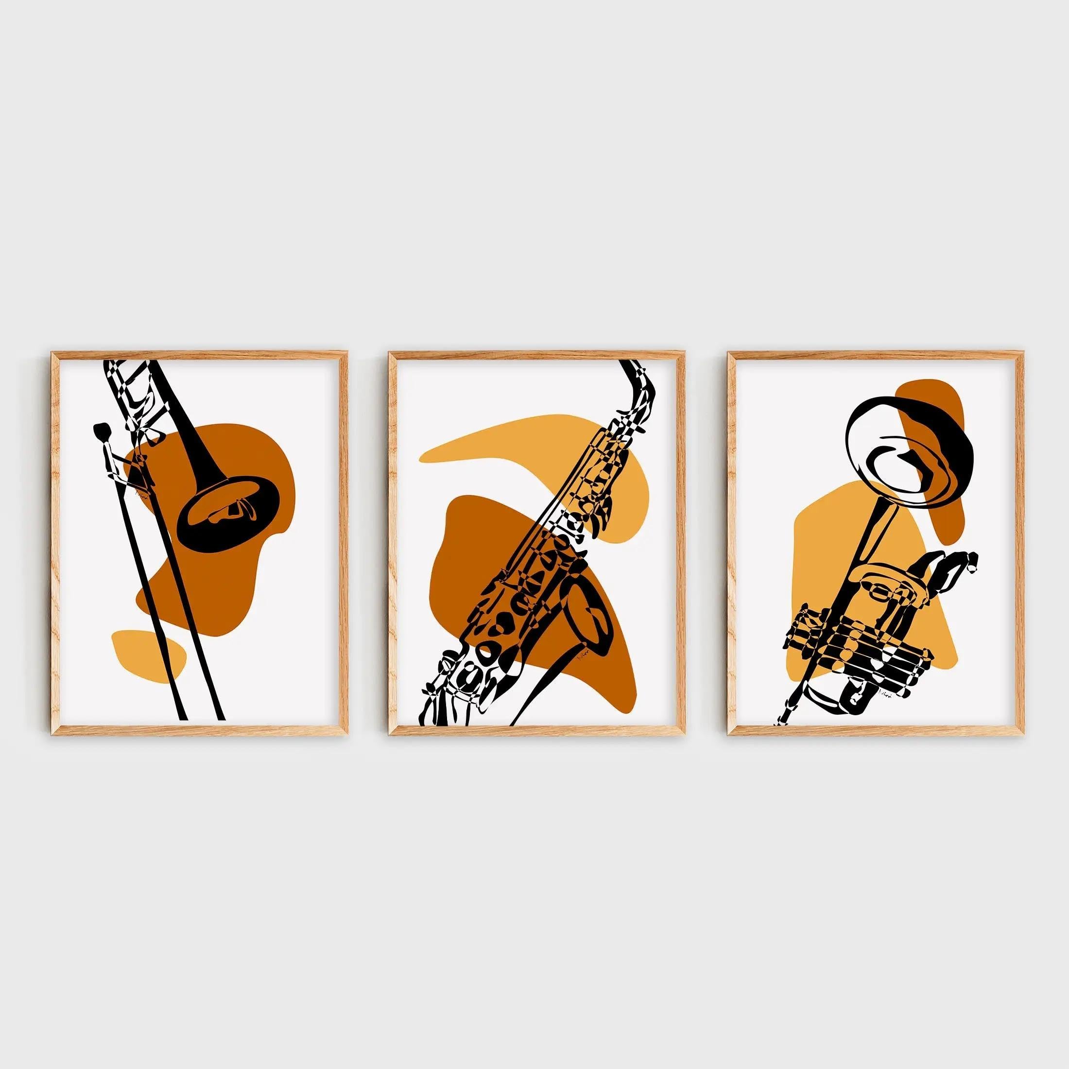 LMAIWANG Set da parete jazz, poster con tromba, sassofono e trombone, stampa d'arte digitale in terracotta, decorazione per sala musica, decorazione per studio musicale, 30x45 cm x 3 cornici