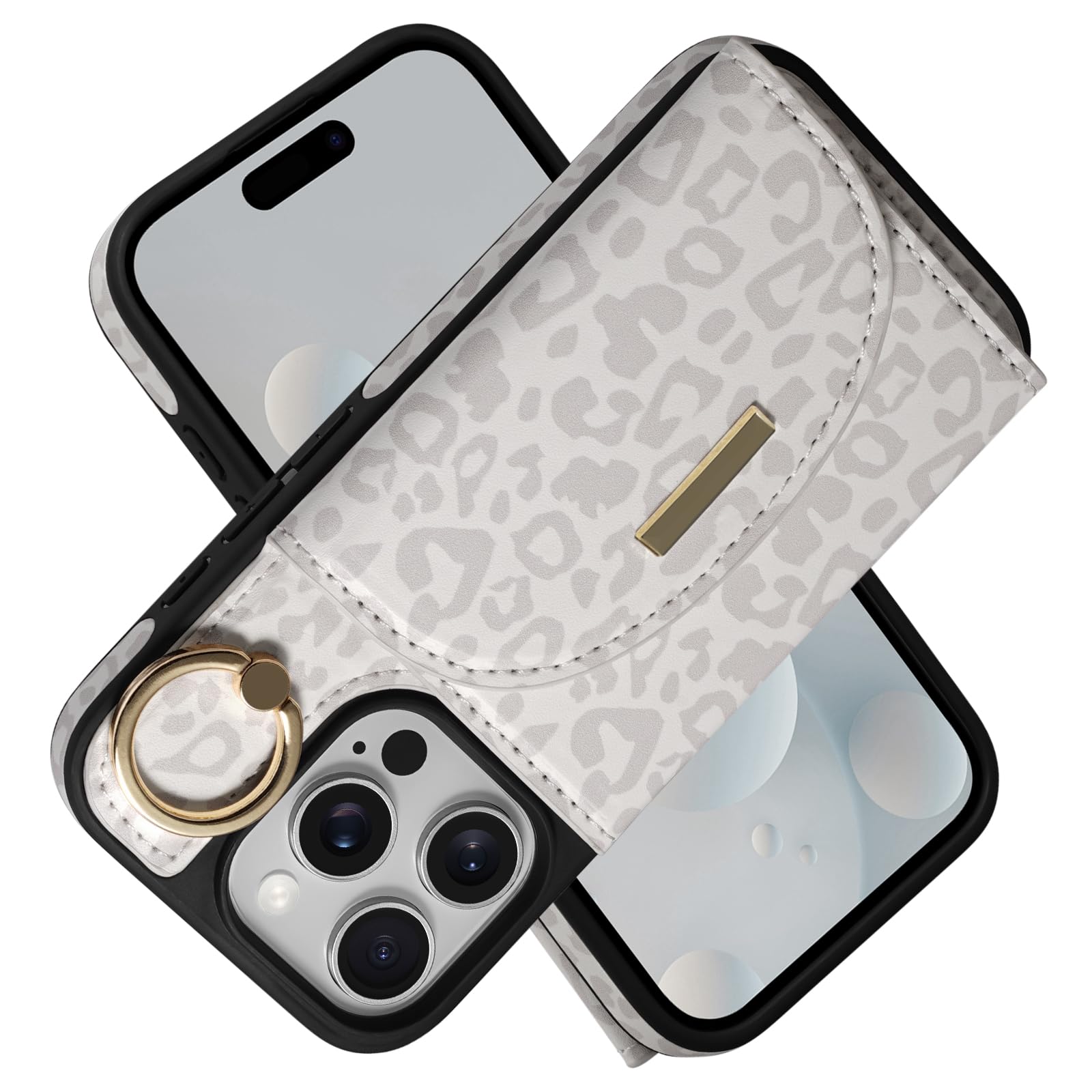 Keallce Wallet Case for iPhone 16 Pro 6.3'', Flip Case with Card Slots, Ring Holder Kickstand, PU Leather Protective Folio Cover for Women, Leopard