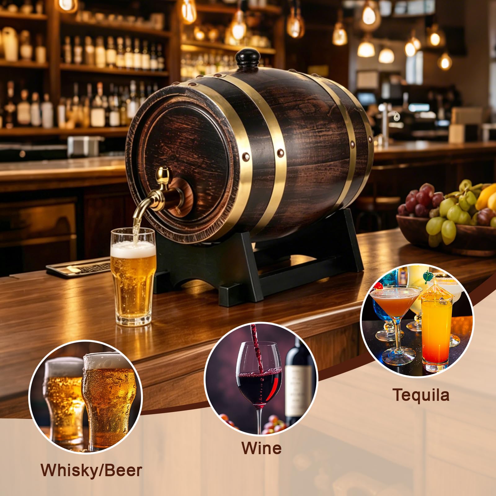 Dispensador de Barril de Whisky de 3 Litros, Barril de Envejecimiento de Roble, Barril de Whisky para el Hogar, Barril, Contenedor Con Grifo Para Brandy, Vino, Cerveza