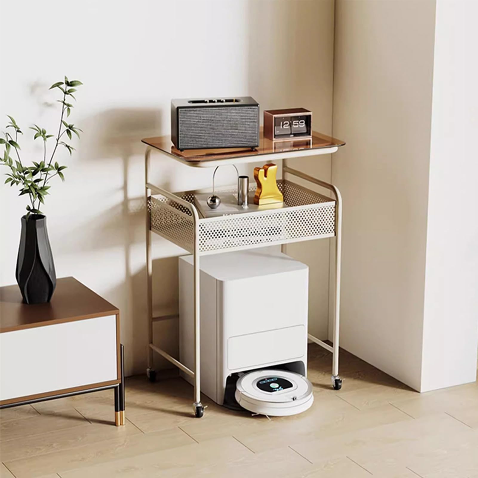 Meuble pour aspirateur robot blanc étagère gain de place mobile 60x85cm table salon bureau