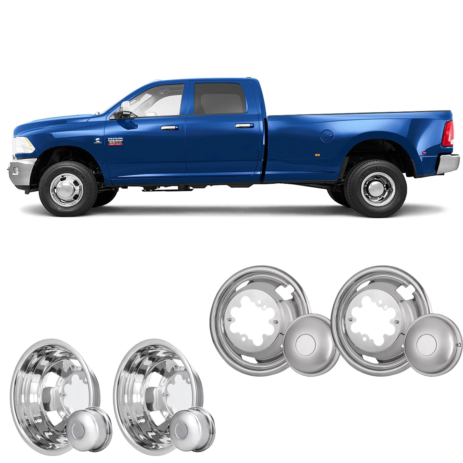 4-Piece 17-Inch Polished Stainless Steel Dually Wheel Simulators – Fit 2003-2019 Dodge Ram 3500, Bolt-On Covers