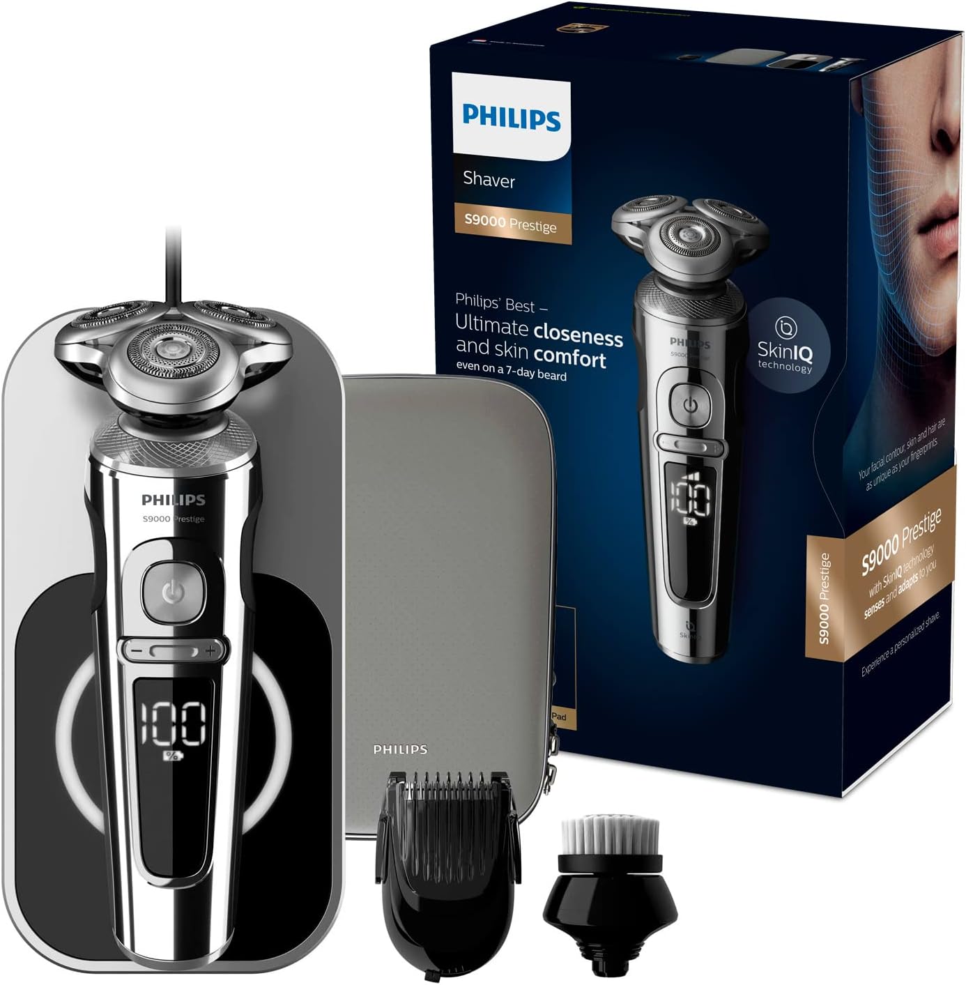 PHILIPSSeries 9000 Prestige Wet & Dry Electric Shaver with Qi Charging Pad, Smartclick Beard Styler and Facial Cleansing Brush - SP9863 (S9000 Prestige + Cleansing Brush + Charging Pad)