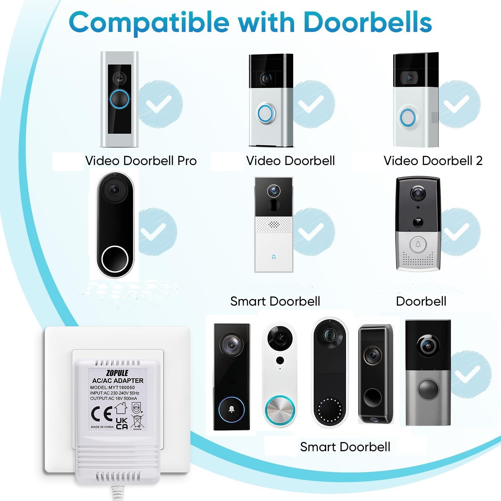 Transformator dzwonka do drzwi, 18 V, 500 mA, wideo-dzwonek do drzwi, zasilacz Ring Doorbell, Nest Hello i Wyze, kabel 8 m.