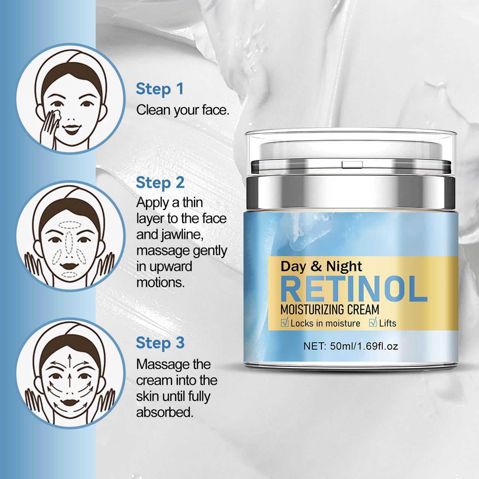 Retinol Moisturiser for Face Day & Night Retinol Moisturising Cream, With Hyaluronic Acid & Ceramide - Image 4