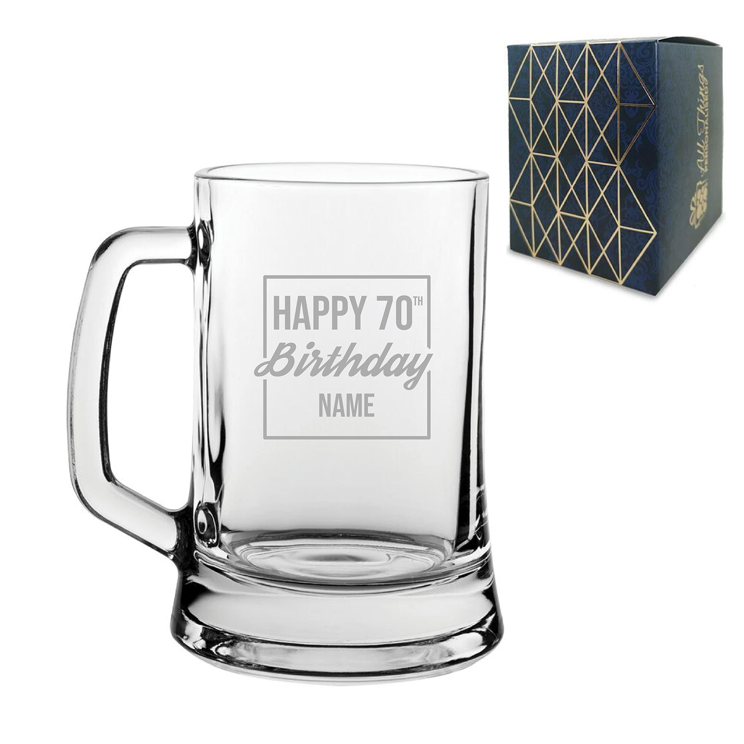 Personalised Engraved Tankard Beer Mug Stein Happy 70th Birthday Square Design Gift Boxed, 16.75oz/495ml Classic Beer Glass, Any Name, Engraved in The UK