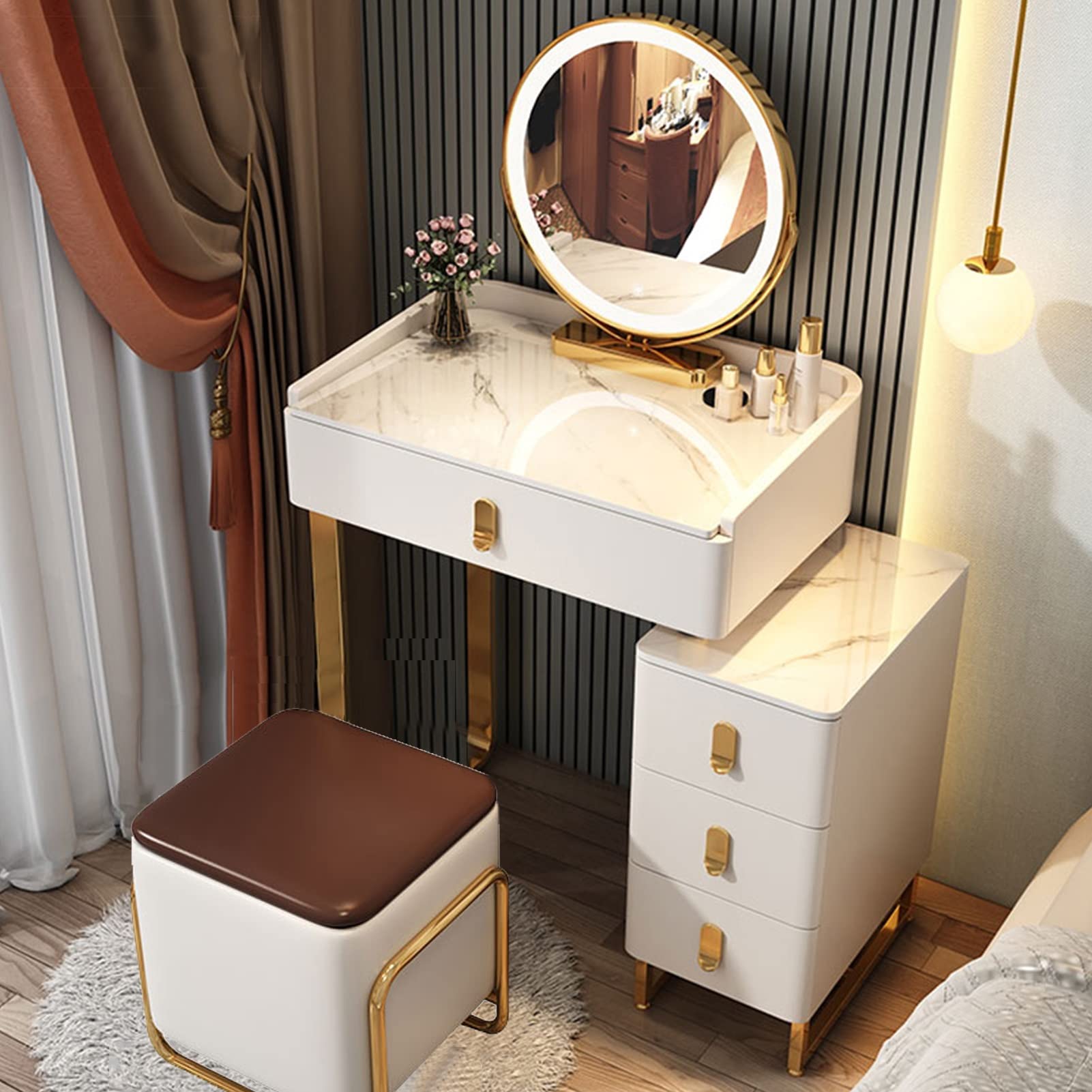 asdchZen Led Makeup Mirror With 360°Rotation White Dressing Table Set With Sliding Drawers & Cushioned Stool Ideal For Women & Girls 50Cm/19.6In