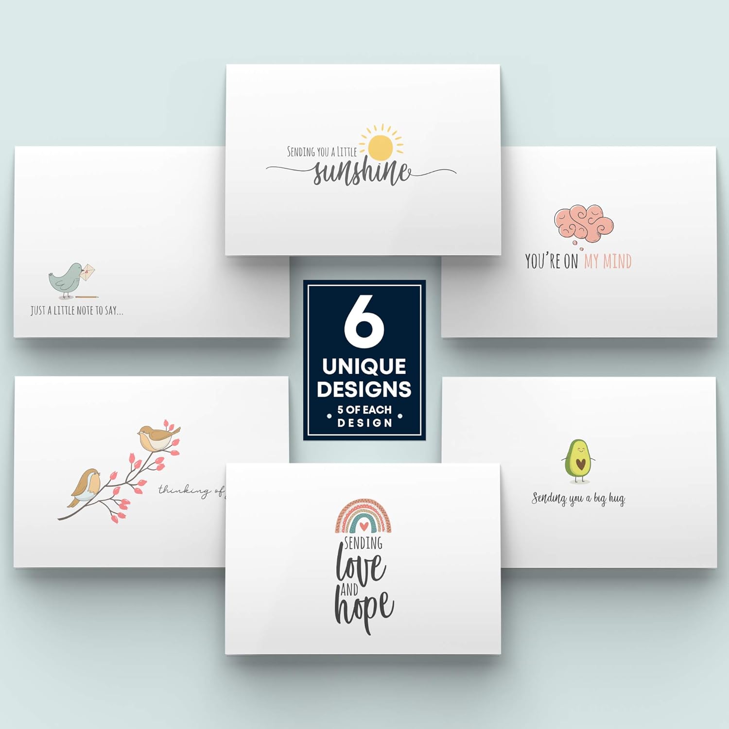 Dessie 30 Fun Thinking of You Cards With Envelopes. 30 4x6 Inch Note Cards With Envelopes Set - Blank Inside. 6 Unique Designs. Assorted Color Envelopes and Gold Seals. Sturdy Storage Box - Image 2