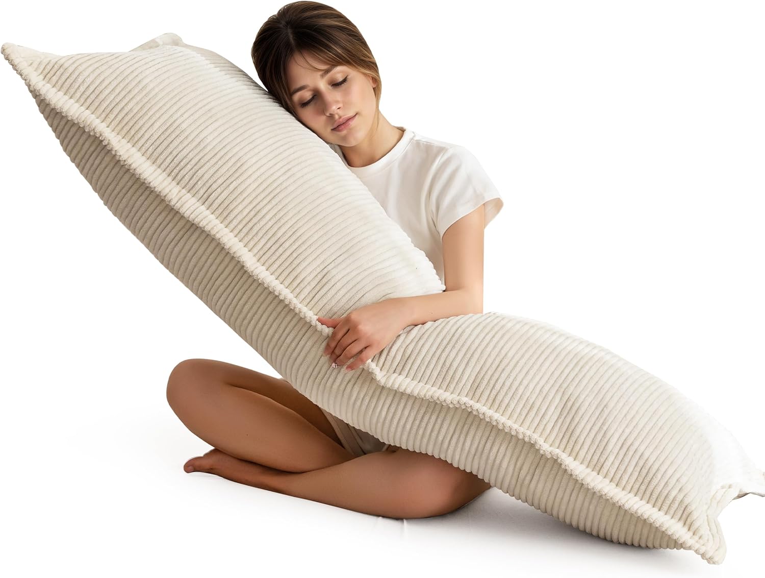 HIGOGOGO Body Pillow for Adults, Thickened Memory Foam Long Bed Pillow, Breathable Full Body Pillow with Removable Pillow Cover (20x54 Inch) Corduroy-beige